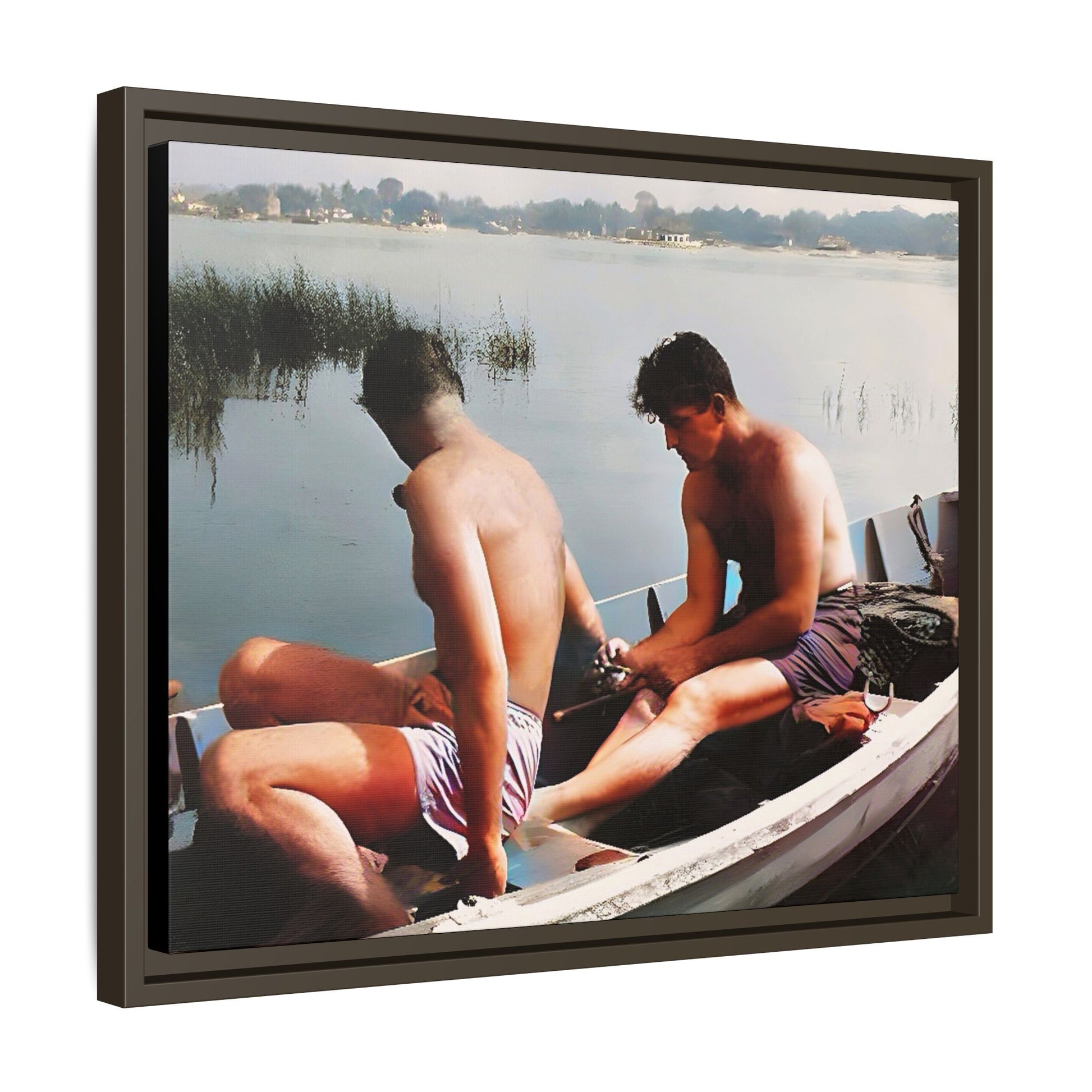 A restored vintage photo of Ned & Marty in a boat at Cape May, New Jersey. This framed matte canvas captures a serene LGBTQ+ love story, offering a nostalgic and timeless nautical scene perfect for collectors and history enthusiasts. Gay Couple