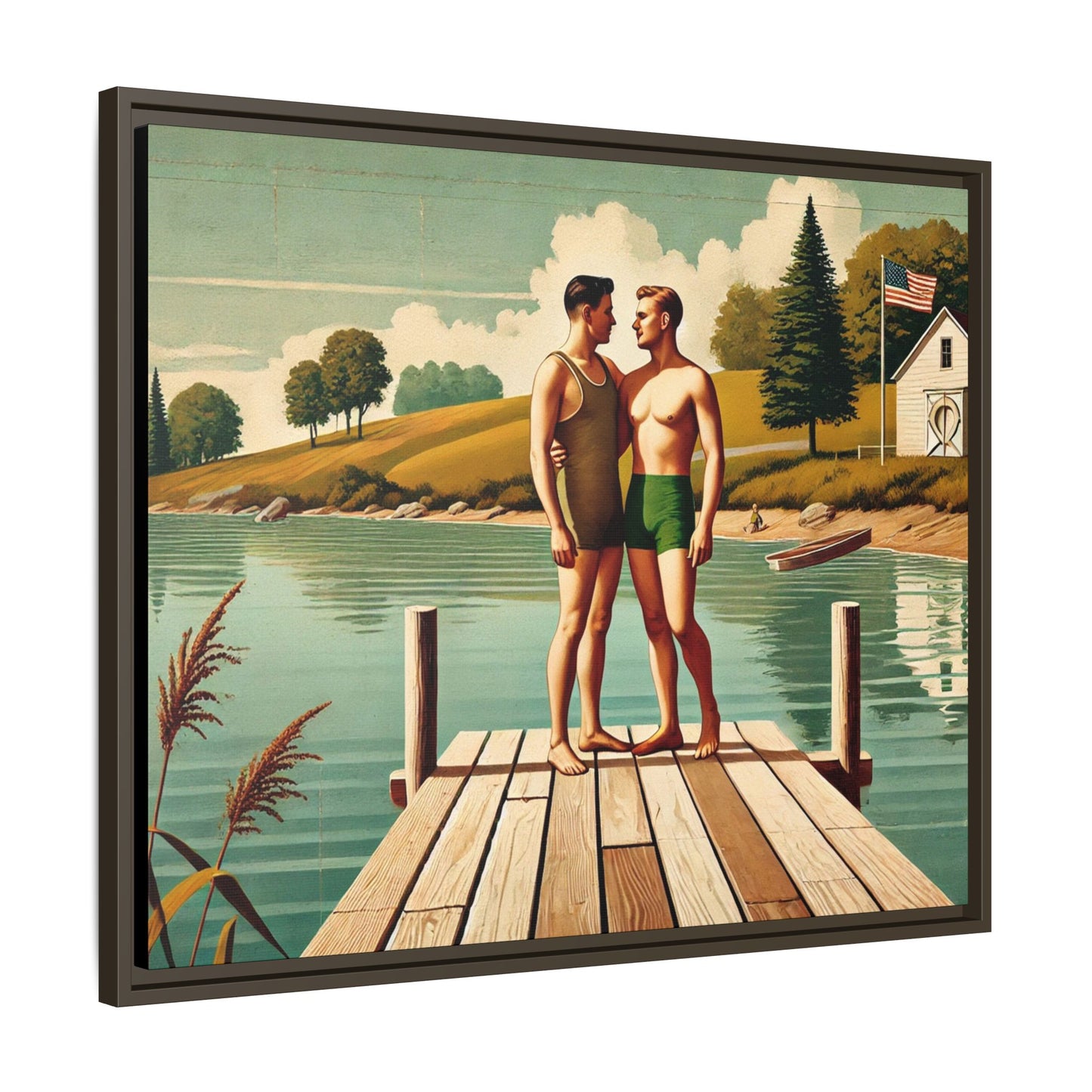 Framed artwork of a gay couple sharing a tender moment on a wooden dock by a peaceful lake, dressed in vintage swimwear. Set against rolling hills and a lakeside cabin, this nostalgic scene honors LGBTQ+ love in a serene Midwestern summer setting.