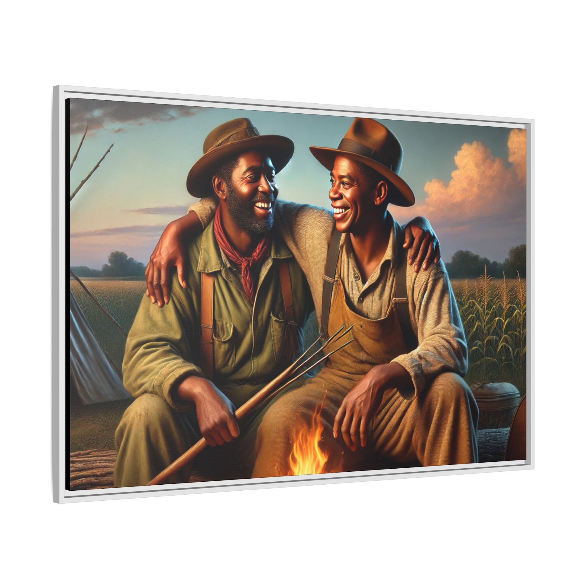Artwork of an older African-American queer couple sharing a warm, joyful moment by a campfire in rural Iowa. Set against vast fields and an open sky, the scene captures love, resilience, and the nostalgic beauty of Americana, with firelight illuminating their laughter and companionship