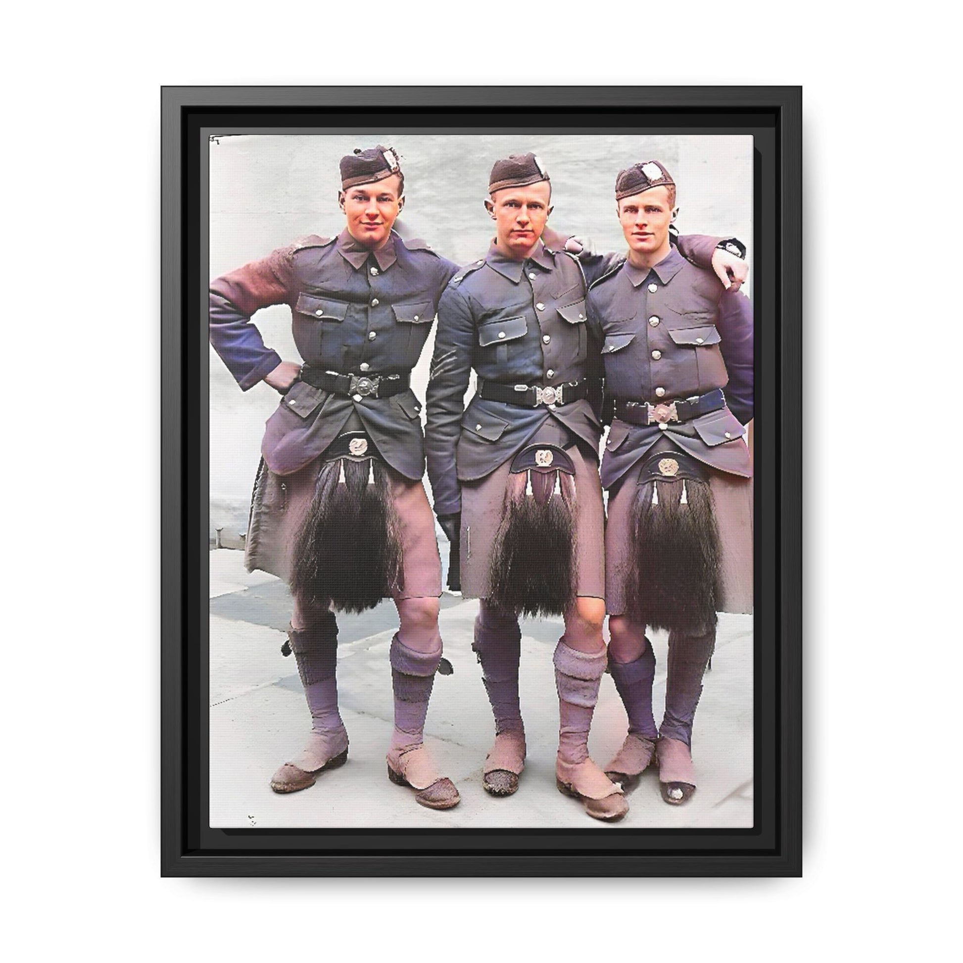 A restored vintage portrait of Gordon Highlanders in Glasgow, Scotland. This framed matte canvas honors Scottish military history, tradition, and unity.