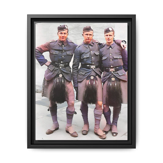 A restored vintage portrait of Gordon Highlanders in Glasgow, Scotland. This framed matte canvas honors Scottish military history, tradition, and unity.