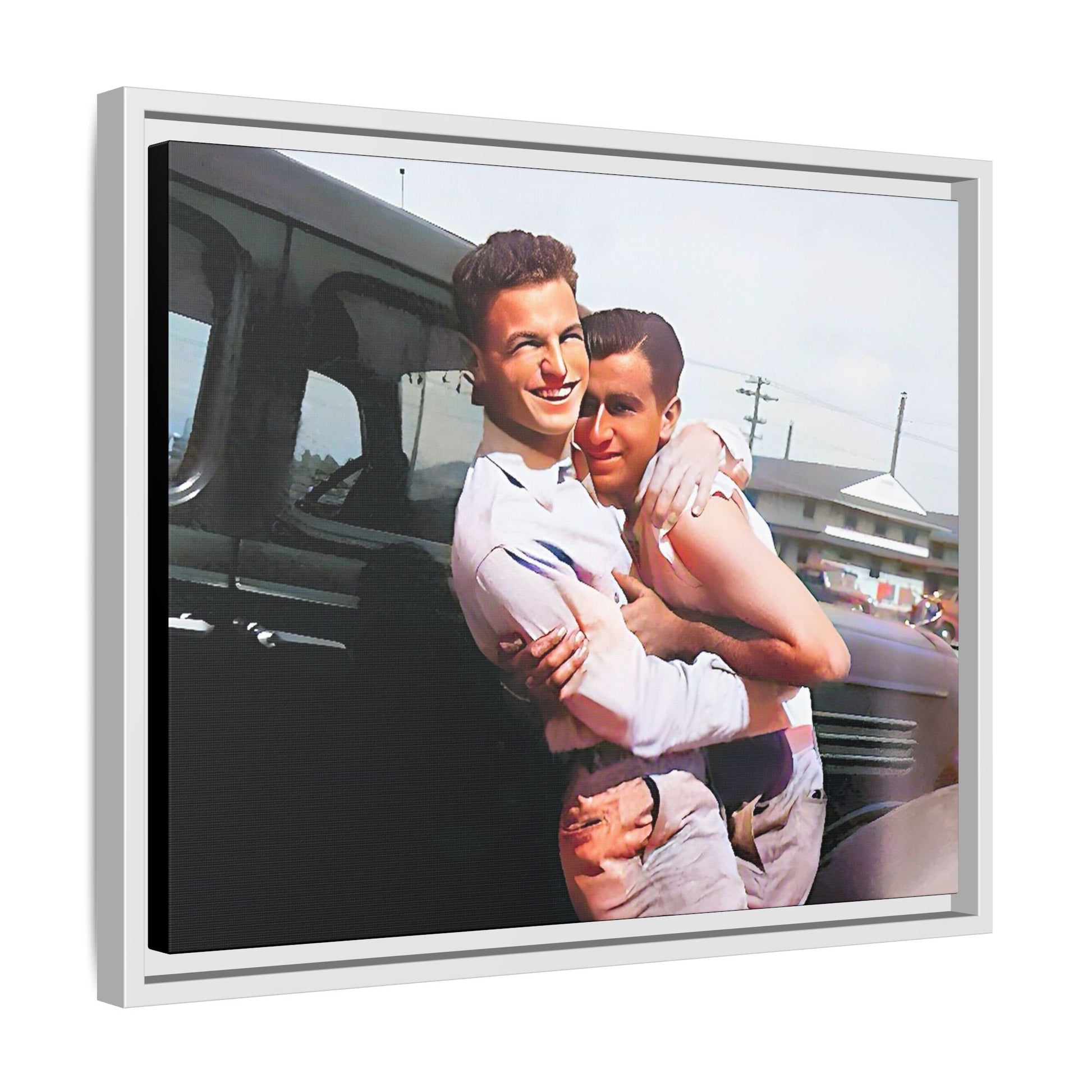 A framed vintage love portrait on matte canvas featuring Henry and Raymond in Peoria, Illinois, capturing timeless LGBTQ+ connection and joy. Gay Couple