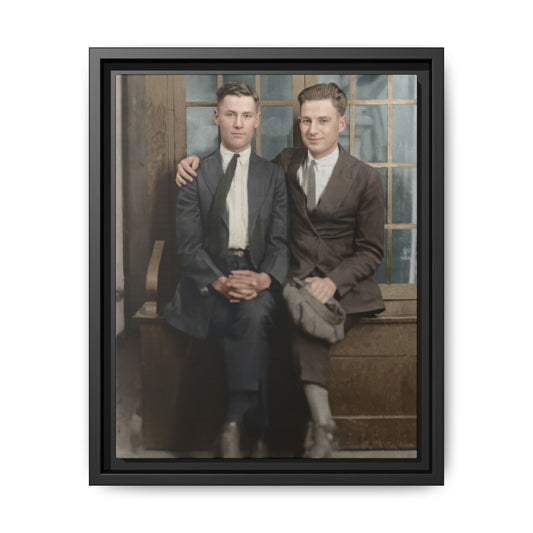 Vintage portrait of two men seated with arm over shoulder framed canvas wall art
