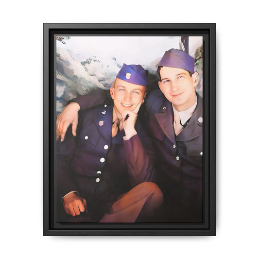 A restored vintage portrait of Willie & Louis at Metro-North Railroad in Harlem, New York. This framed matte canvas celebrates LGBTQ+ history, African American heritage, and timeless love. Gay Couple Love