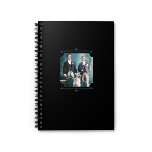 Black spiral notebook featuring a restored portrait of two well-dressed men with a dog, from the Victorian era