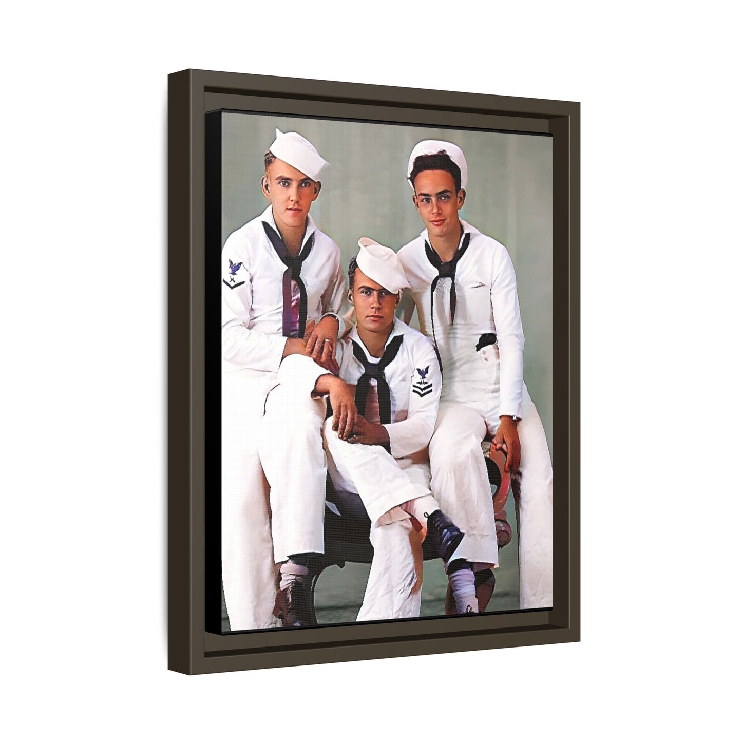 A restored vintage portrait of three sailors aboard the USS Alabama. This framed matte canvas honors naval history, camaraderie, and timeless service.