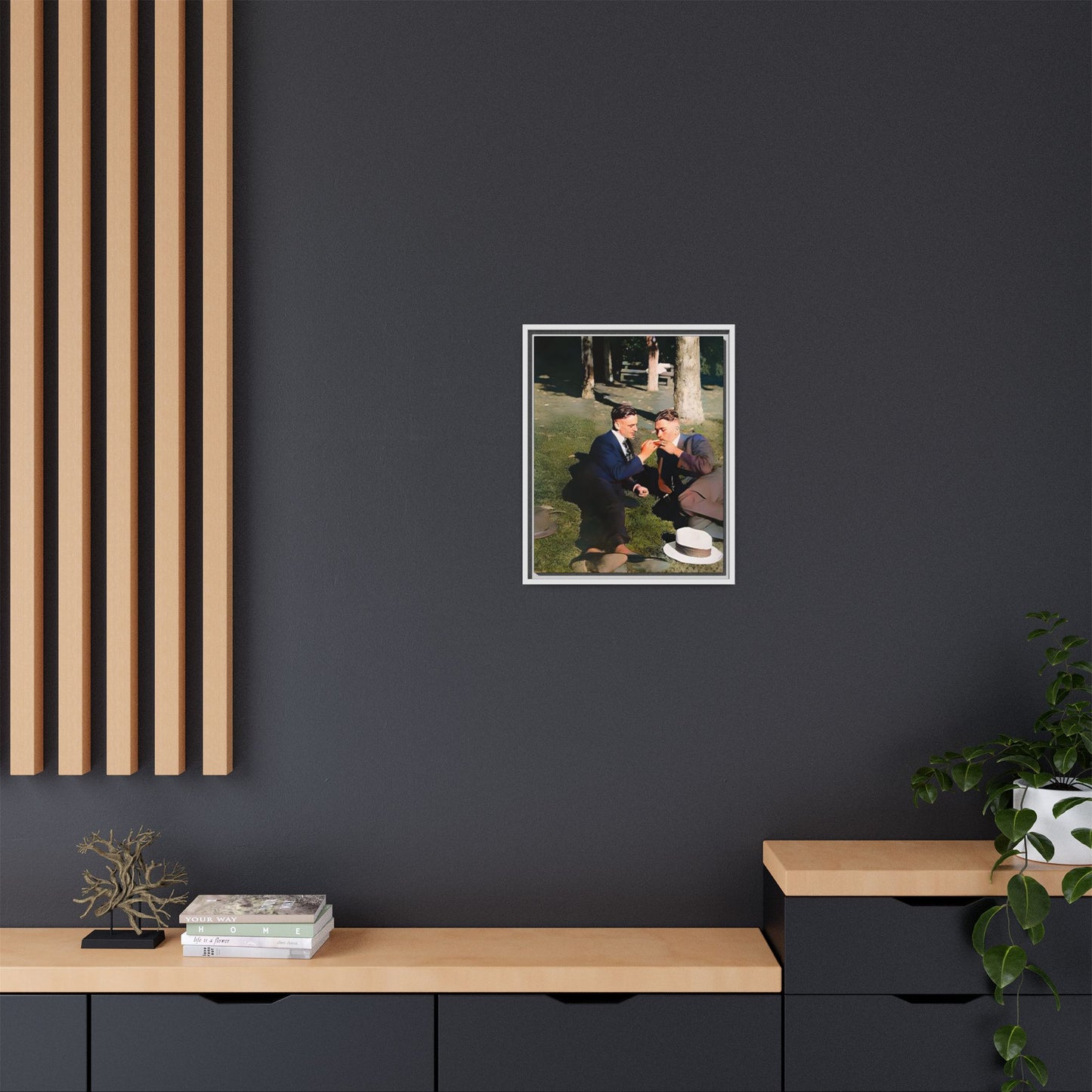 A framed vintage portrait on matte canvas featuring Oscar and Iván in Central Park, Manhattan, capturing timeless love and 1920s elegance. Gay Couple Queer History