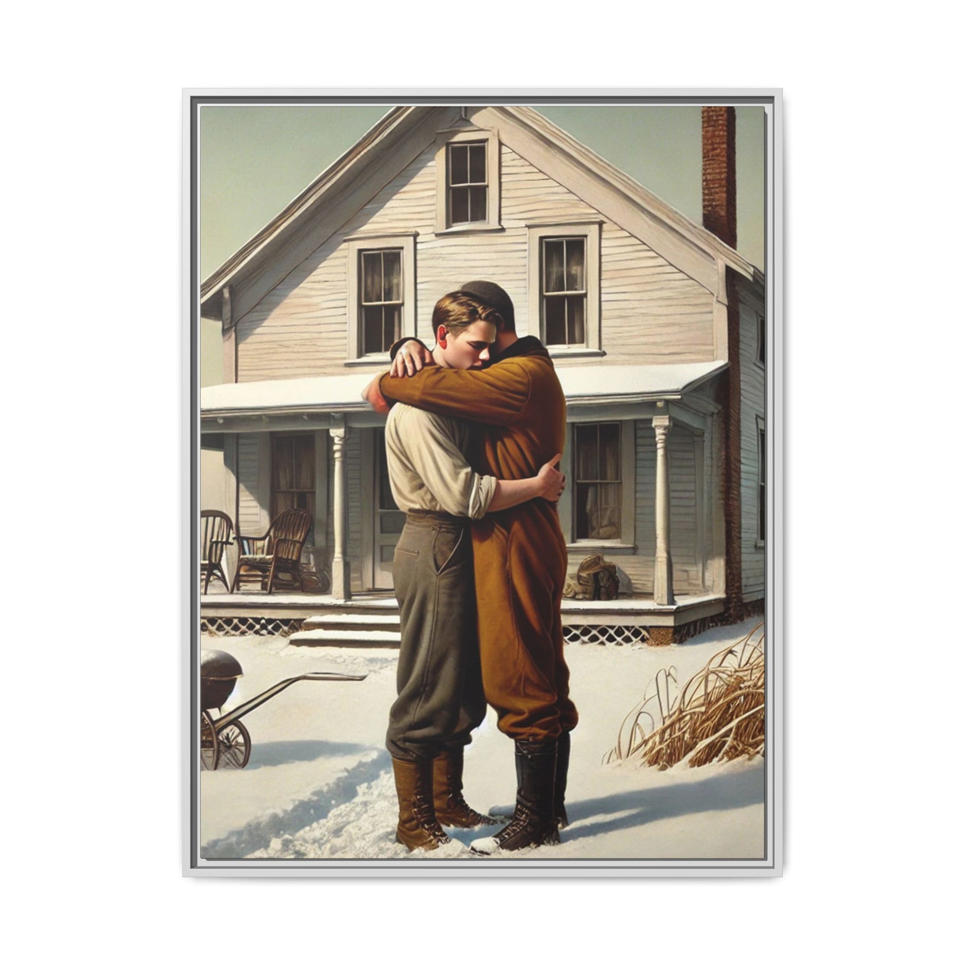 Artwork of a tender moment between a gay couple embracing outside a farmhouse in a snowy, rural landscape. Dressed in vintage attire, the two men find warmth and comfort in each other’s arms, capturing love and connection in a serene, Americana winter setting