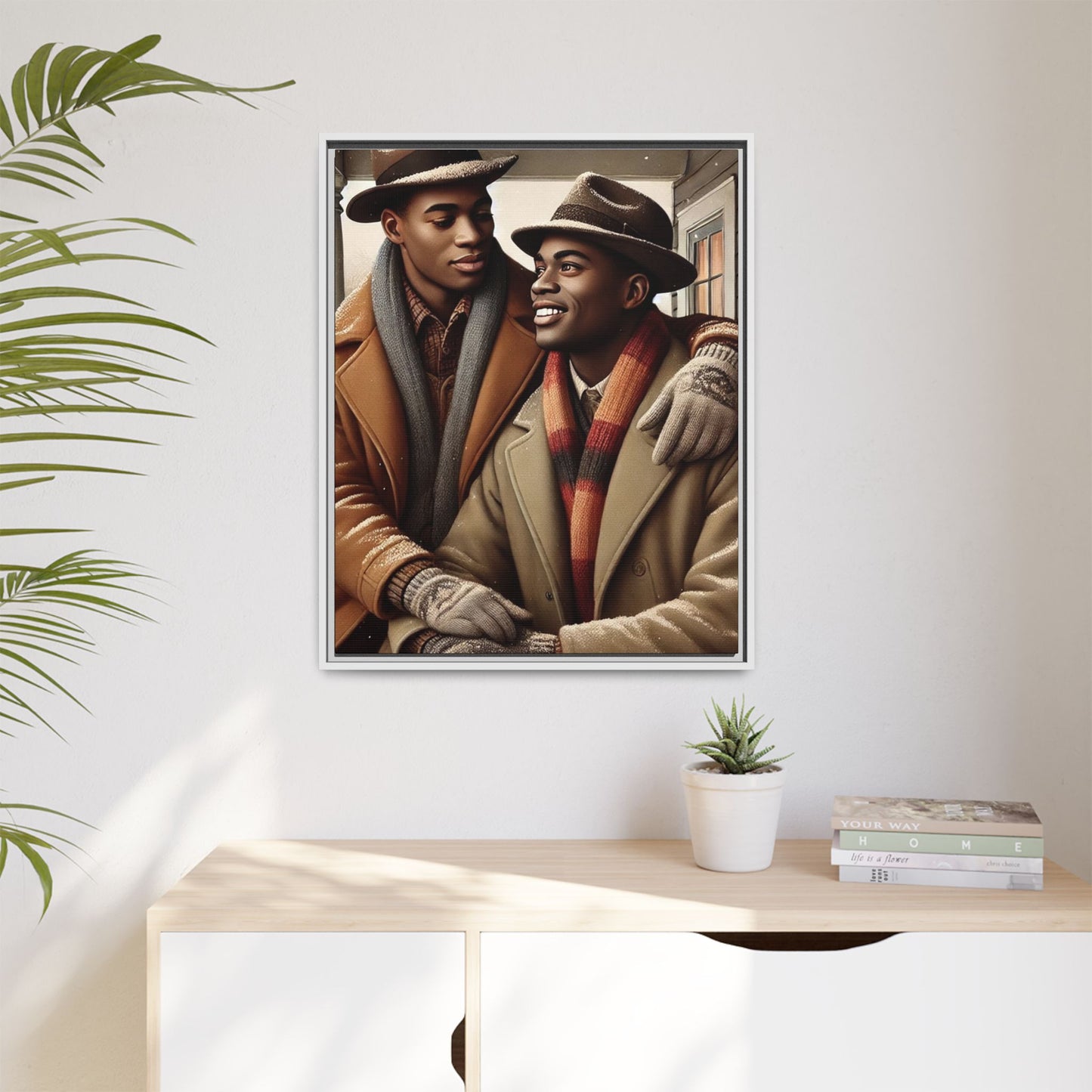 Artwork of an African-American gay couple sharing a cozy winter moment on a porch. Dressed in vintage winter attire with fedoras, scarves, and warm coats, they exchange affectionate gazes amidst softly falling snow, capturing love, warmth, and intimacy in a nostalgic winter setting.