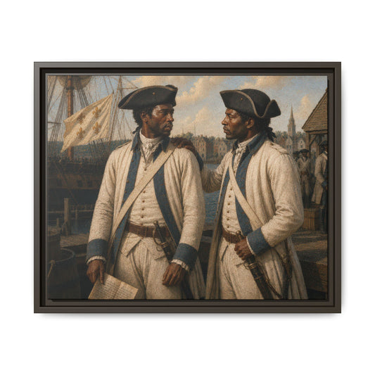 Museum-inspired portrait of two Black French soldiers standing beside a harbor during the American Revolution.