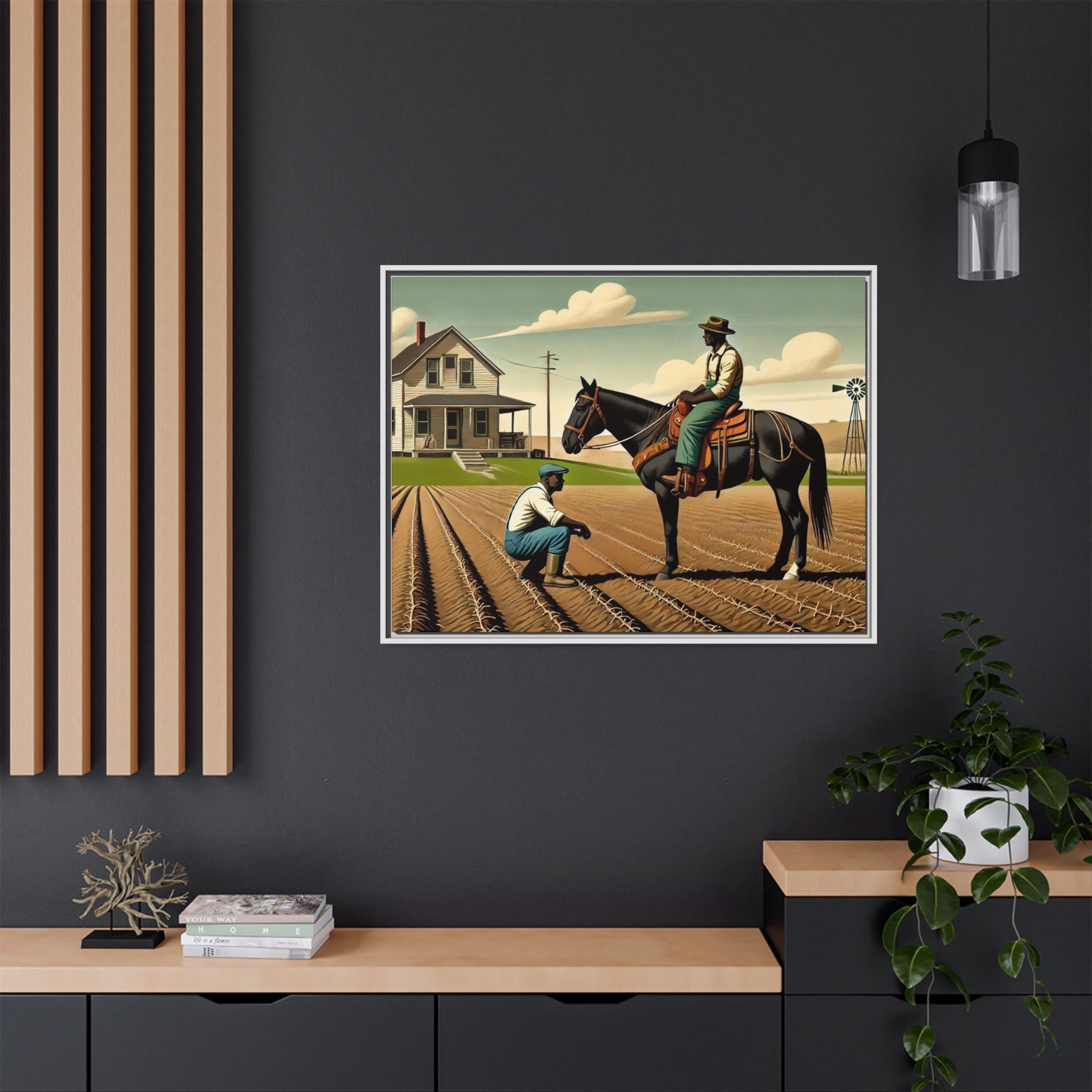 Artwork of an African American queer couple working together on a farm in a serene, vintage-inspired landscape. One man sits on horseback, gazing warmly at his partner, who examines the soil, symbolizing their partnership in both love and labor. The scene captures resilience, companionship, and the beauty of rural life.