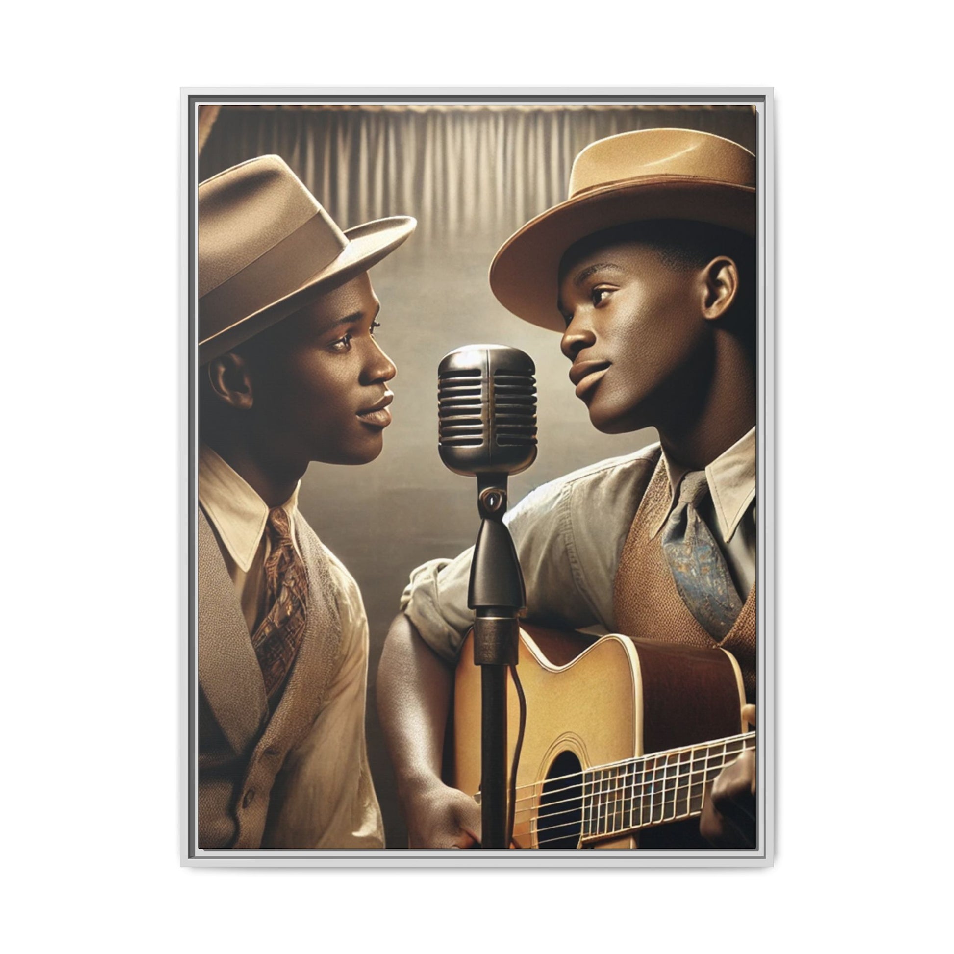 Artwork of an African-American gay couple recording a song in a 1930s-style studio. Dressed in vintage attire with fedoras and ties, they share a close, tender moment around a classic microphone, capturing love, music, and cultural heritage in a nostalgic setting