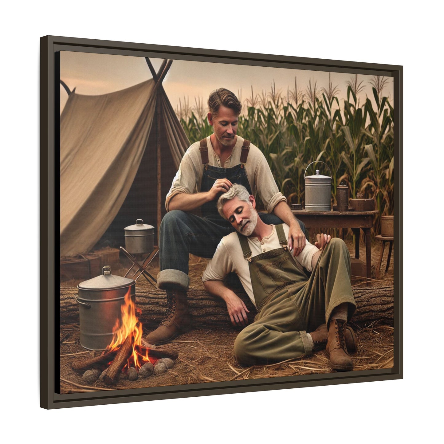 Older queer couple sharing a tender moment by the campfire, celebrating love