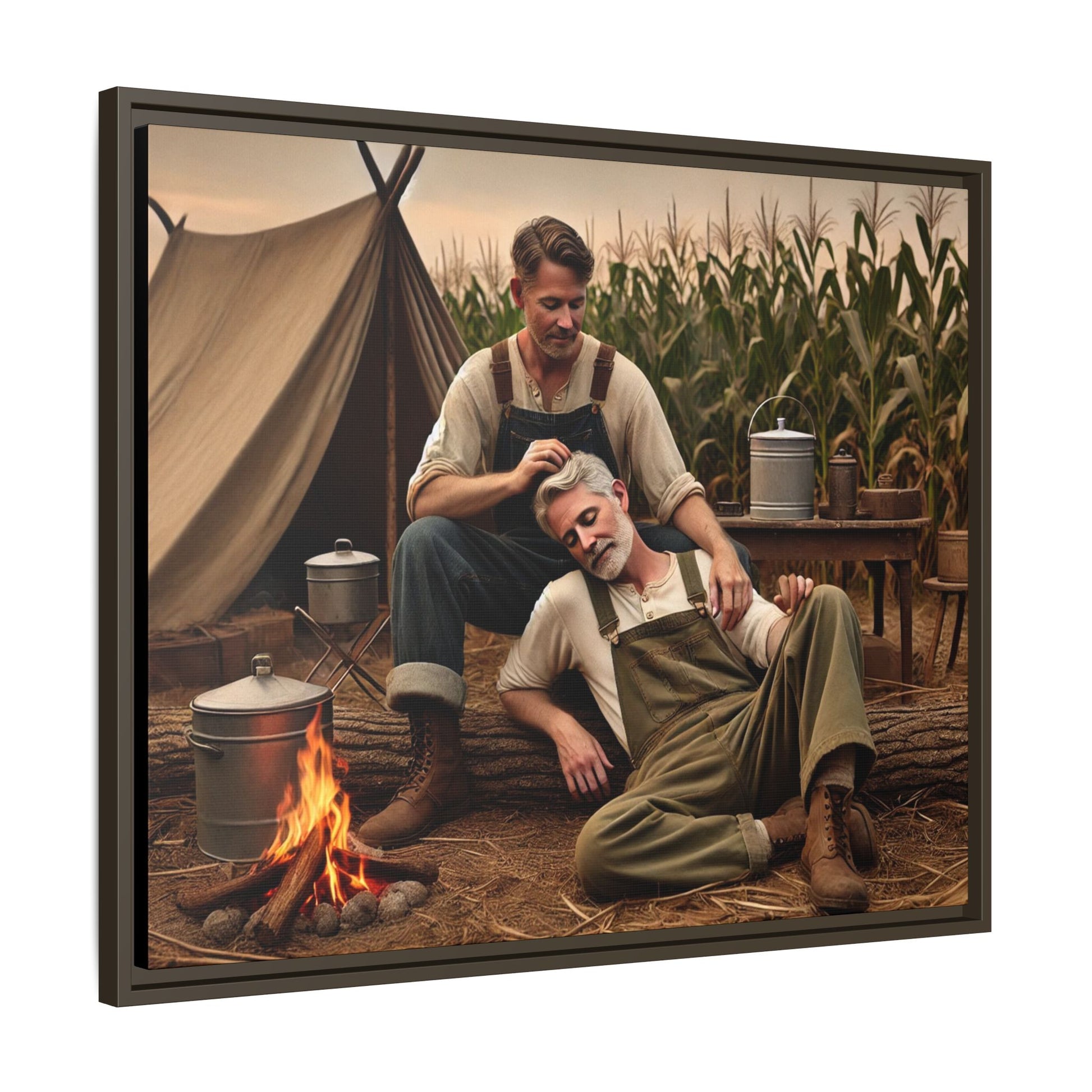 Older queer couple sharing a tender moment by the campfire, celebrating love