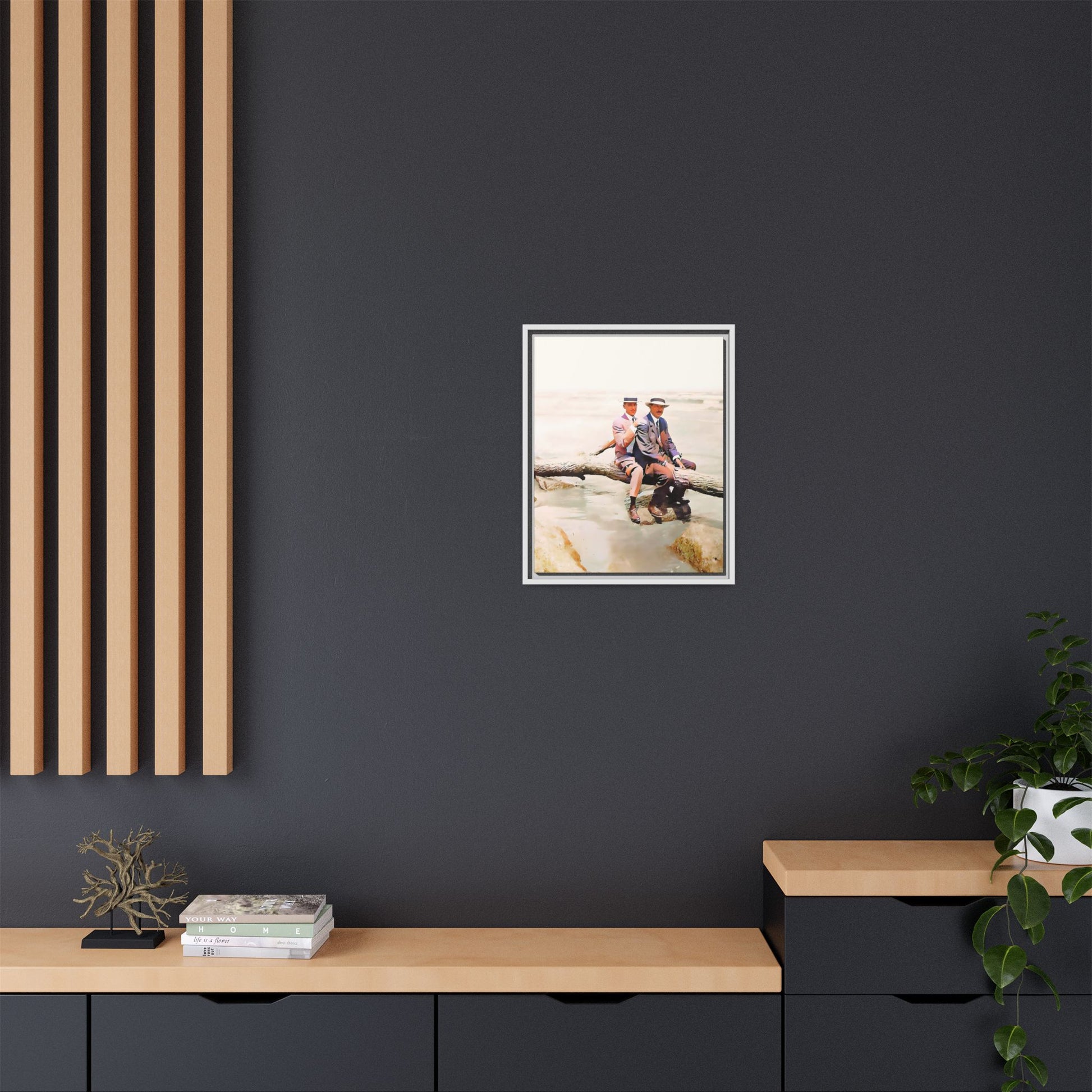 A restored vintage riverside portrait of Edward & Walter in Danbury, Connecticut. This framed matte canvas honors LGBTQ+ history, elegance, and timeless companionship. Gay Couple