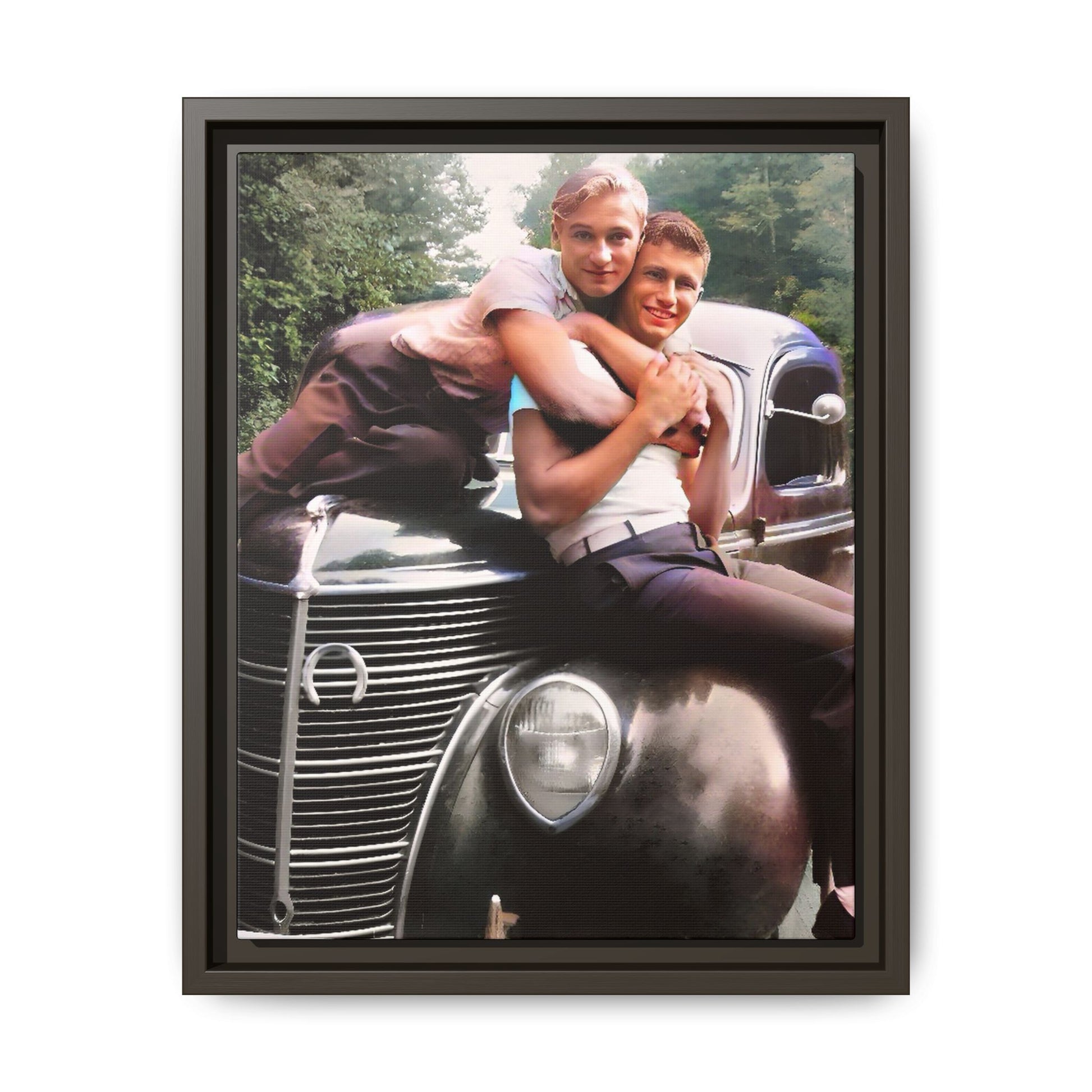 Vintage LGBTQ+ love portrait of Kent & Jamie in Watkins Glen, NY. A nostalgic moment on a classic car, now a museum-quality matte canvas print with handcrafted frame options. Perfect for collectors and those celebrating LGBTQ+ history. Gay Couple