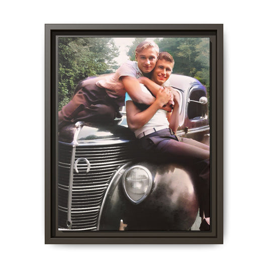 Vintage LGBTQ+ love portrait of Kent & Jamie in Watkins Glen, NY. A nostalgic moment on a classic car, now a museum-quality matte canvas print with handcrafted frame options. Perfect for collectors and those celebrating LGBTQ+ history. Gay Couple