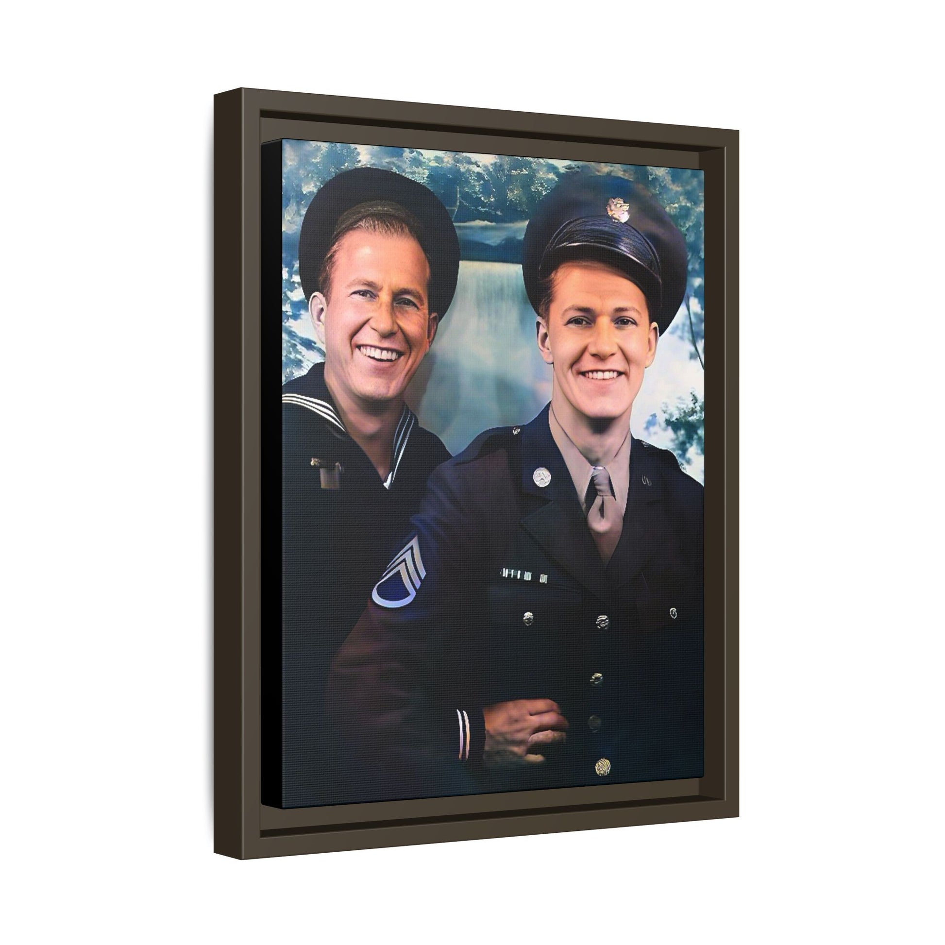 A framed vintage military portrait on matte canvas featuring a sailor and a soldier in Scapa Flow, Scotland, symbolizing service and camaraderie. Gay Couple