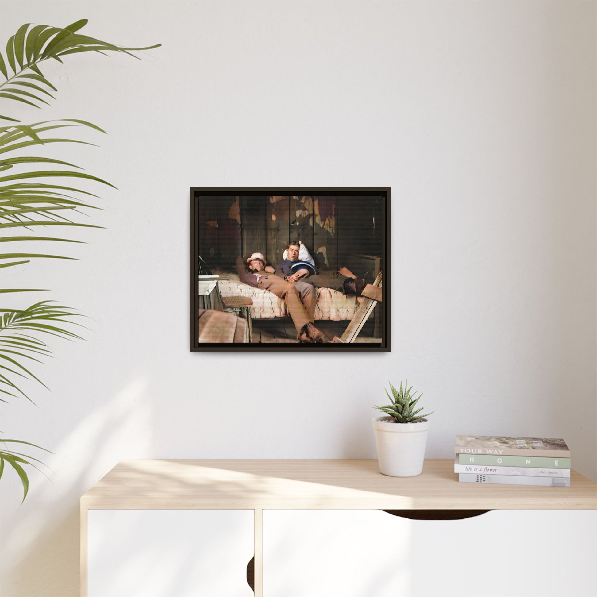 A vintage portrait of Henry & Joseph in a rustic Oregon cabin. This framed matte canvas captures LGBTQ+ history, love, and the beauty of a quiet, intimate moment, making it a timeless and meaningful addition to any collection or home. Gay Couple in bed.