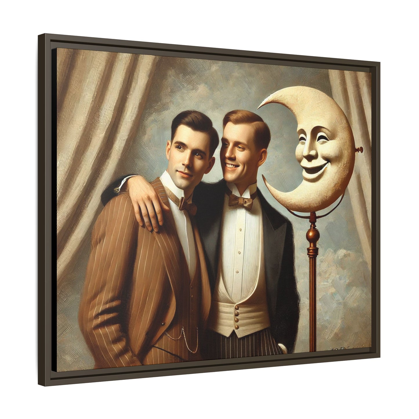Framed matte canvas artwork of two men in vintage tuxedos standing beside a crescent moon prop. This piece reclaims LGBTQ+ representation lost to bias and honors everyday moments of affection and connection once absent from historical archives.