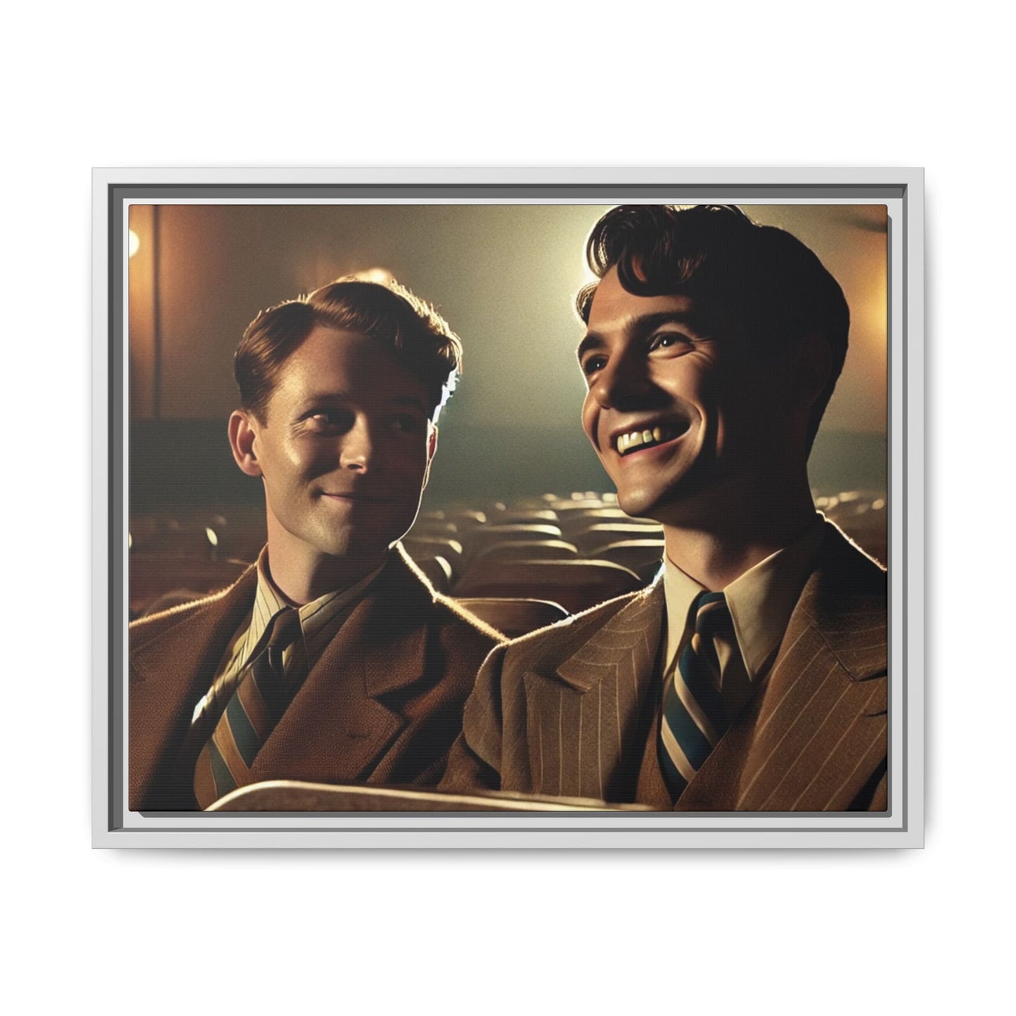 Vintage-style photo of two young men sharing an intimate moment on a date in a 1930s movie theater. Dressed in classic pinstripe suits, their smiles and close connection evoke the warmth and charm of the era, celebrating LGBTQ+ history and timeless romance.