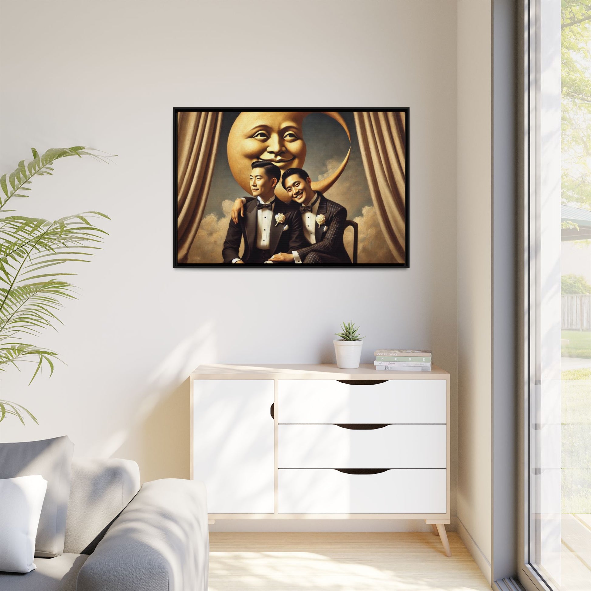 Vintage-inspired artwork of a romantic gay Asian couple in tuxedos sitting affectionately beneath a smiling crescent moon prop, surrounded by vintage stage curtains and dreamy clouds. A reclaimed queer narrative from the Man In The Moon series.