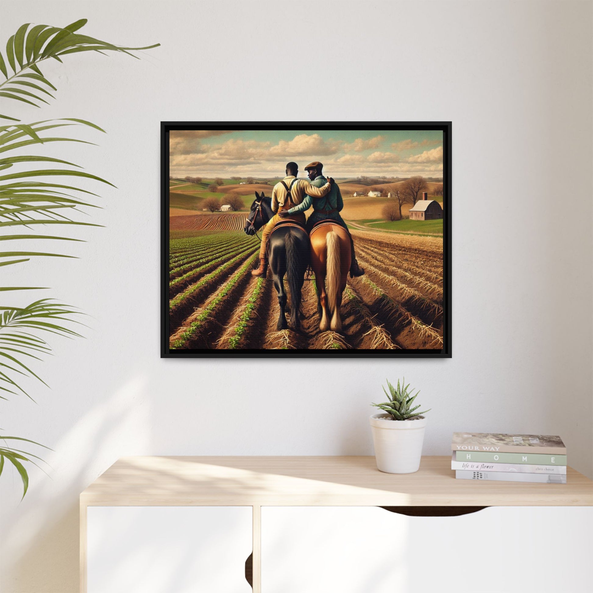 Artwork of an African-American gay couple riding horseback through expansive farmland, sharing a tender moment as they overlook lush fields. Dressed in rugged vintage attire, this scene captures resilience, love, and the charm of rural life, celebrating LGBTQ+ history and African-American heritage.