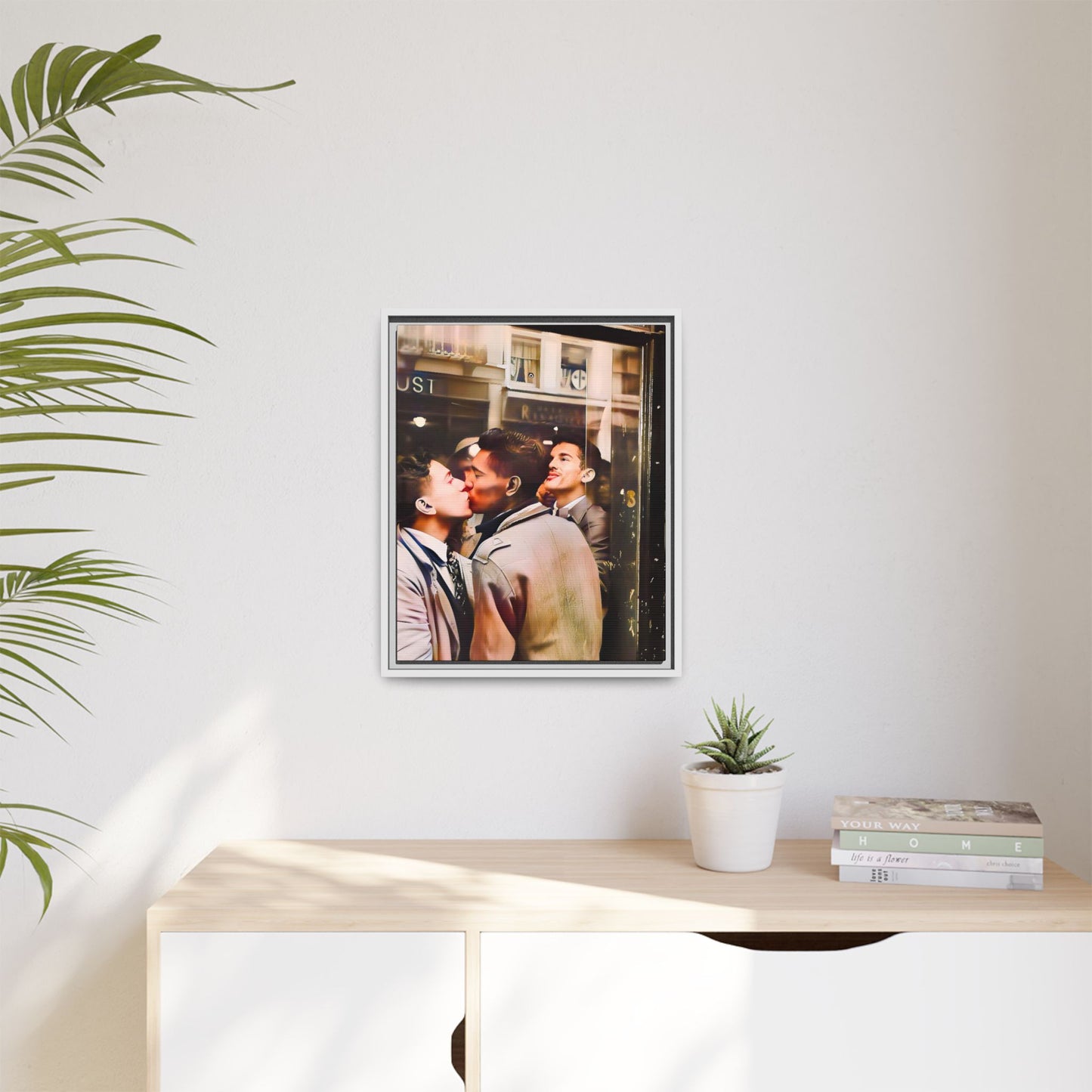 A restored 1950s LGBTQ+ couple portrait of Alejandro & Lorenzo at Mayfair Bar, NYC. A romantic queer history print on matte canvas, capturing love, resilience, and authenticity in a vibrant nightlife setting.