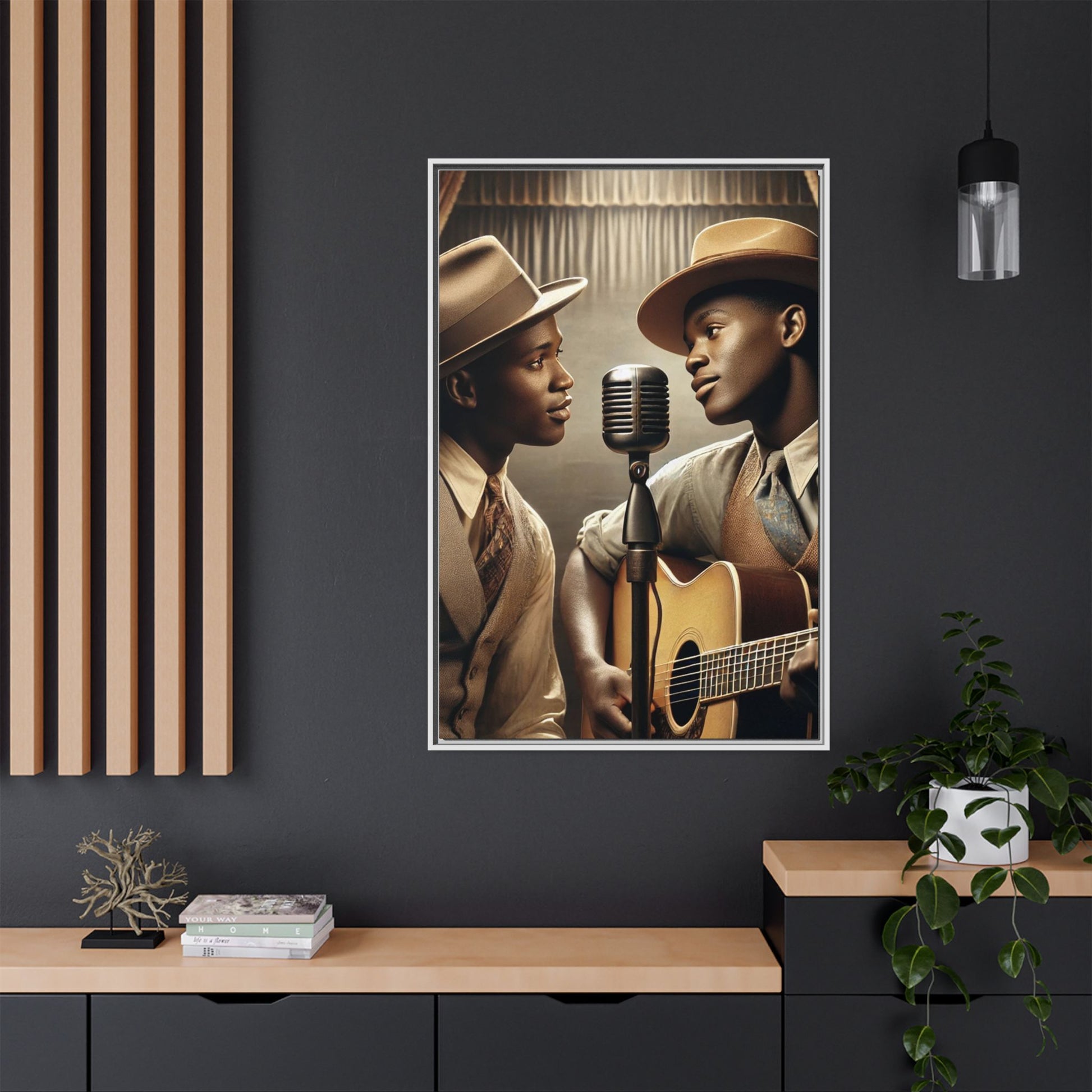 Artwork of an African-American gay couple recording a song in a 1930s-style studio. Dressed in vintage attire with fedoras and ties, they share a close, tender moment around a classic microphone, capturing love, music, and cultural heritage in a nostalgic setting