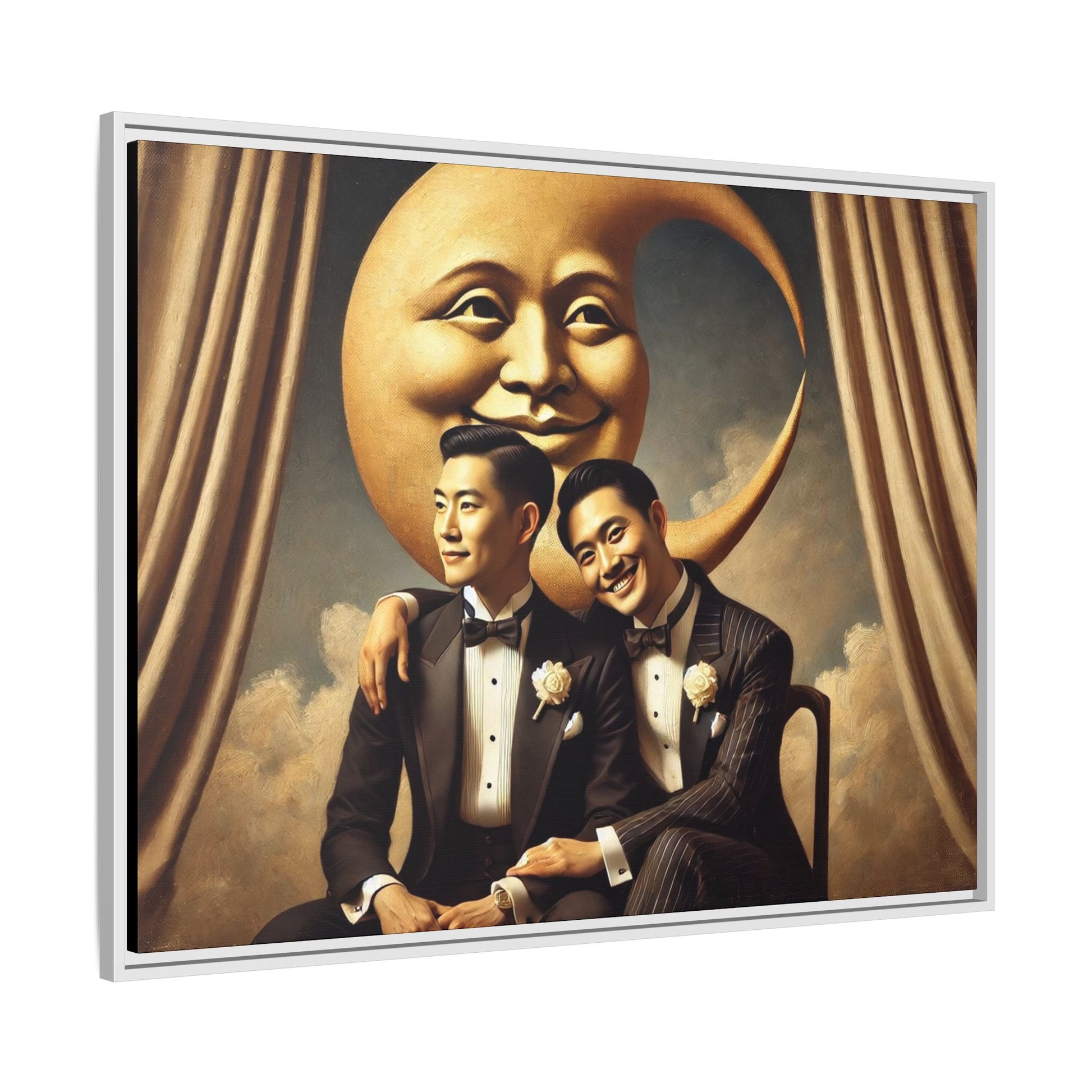 Vintage-inspired artwork of a romantic gay Asian couple in tuxedos sitting affectionately beneath a smiling crescent moon prop, surrounded by vintage stage curtains and dreamy clouds. A reclaimed queer narrative from the Man In The Moon series.