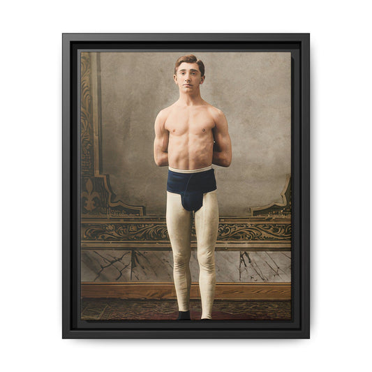 Vintage physical culture athlete standing in full-length tights before an ornate painted studio backdrop