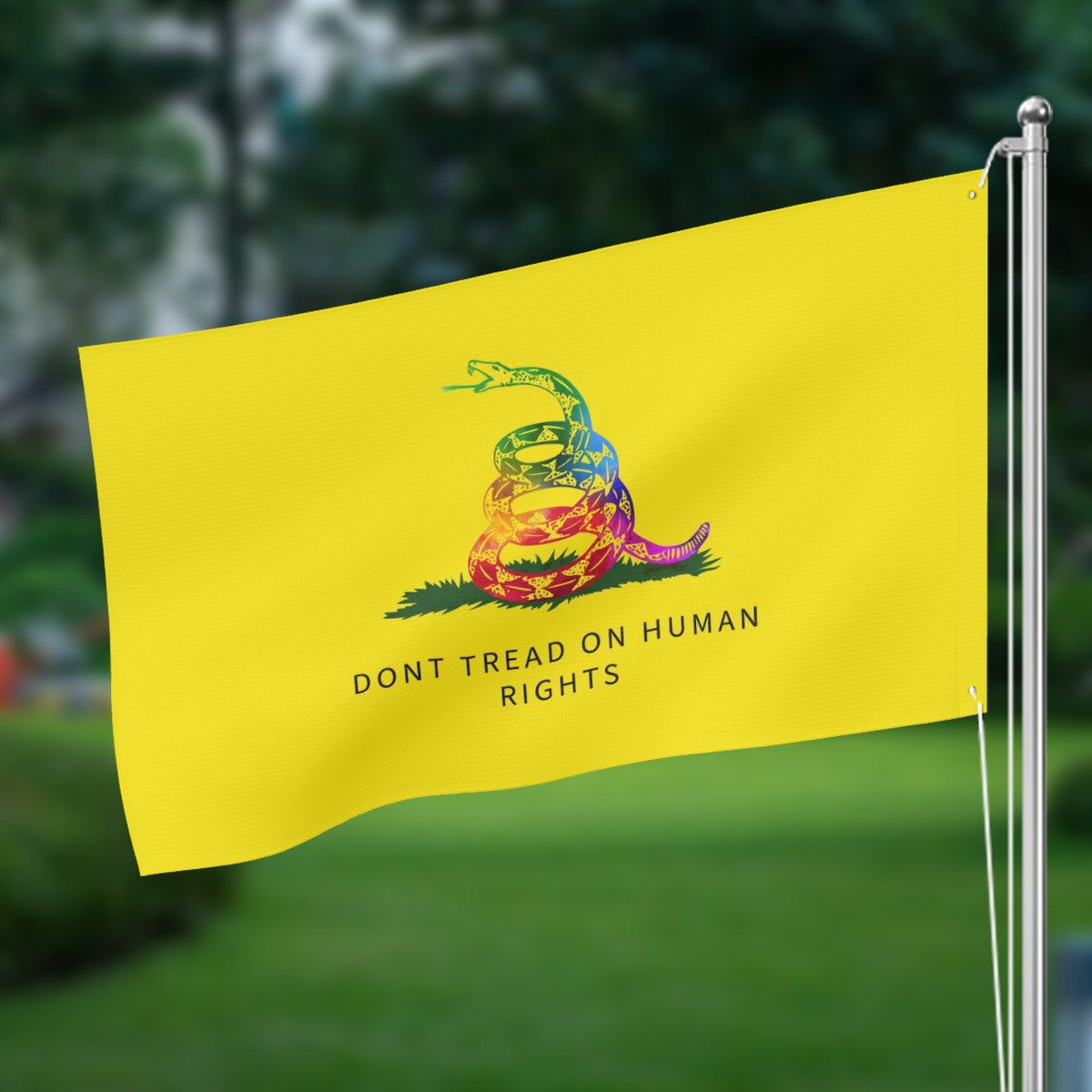 Rainbow “Don’t Tread on Human Rights” Flag – LGBTQ+ Gadsden Protest Banner | 3x5 Double-Sided