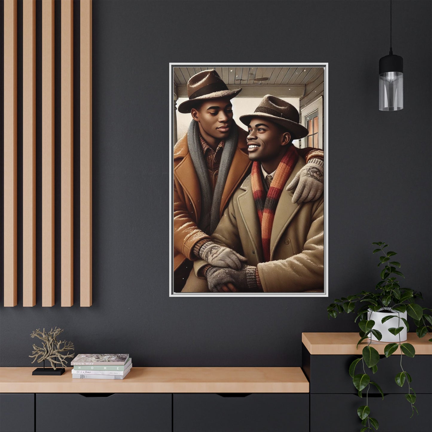 Artwork of an African-American gay couple sharing a cozy winter moment on a porch. Dressed in vintage winter attire with fedoras, scarves, and warm coats, they exchange affectionate gazes amidst softly falling snow, capturing love, warmth, and intimacy in a nostalgic winter setting.