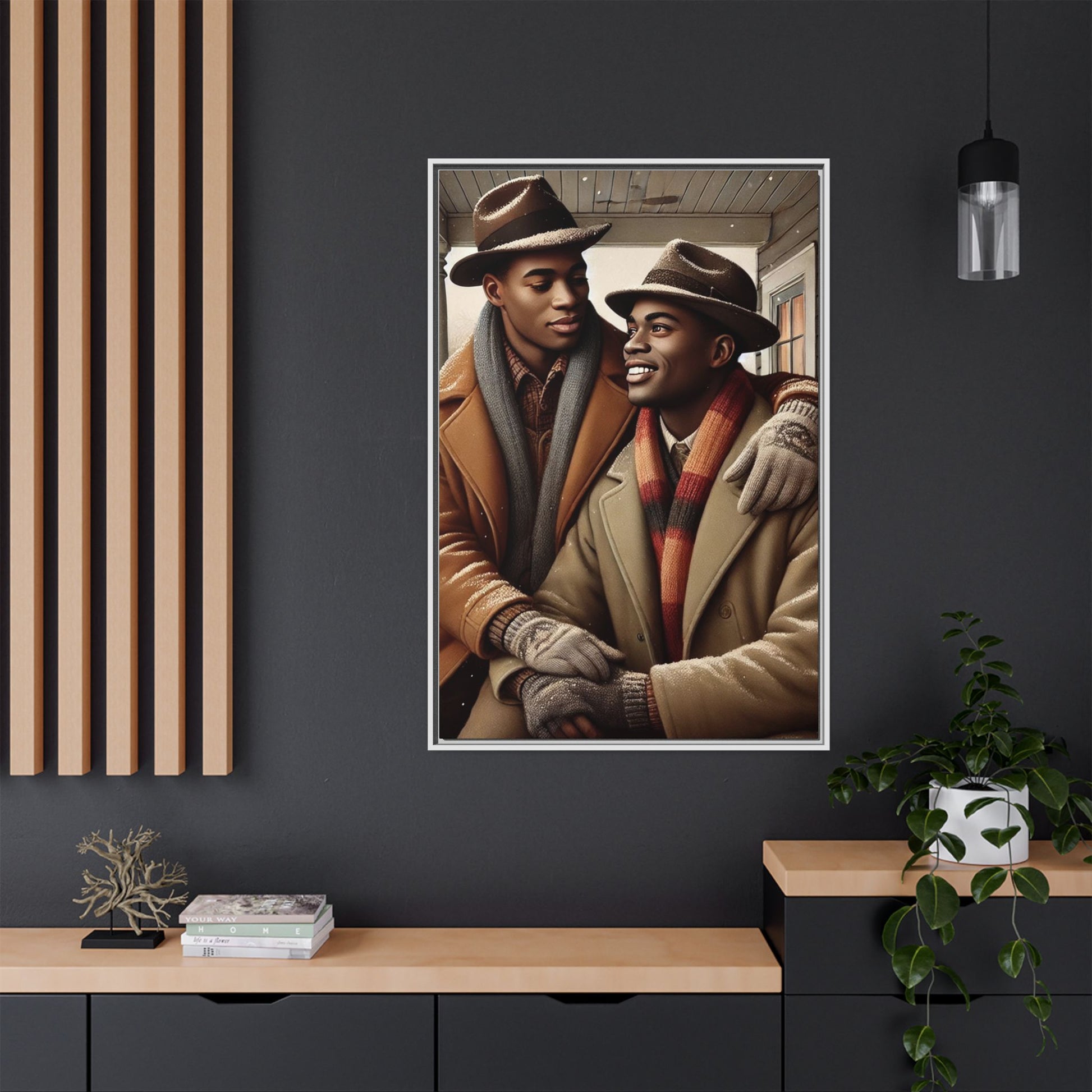 Artwork of an African-American gay couple sharing a cozy winter moment on a porch. Dressed in vintage winter attire with fedoras, scarves, and warm coats, they exchange affectionate gazes amidst softly falling snow, capturing love, warmth, and intimacy in a nostalgic winter setting.
