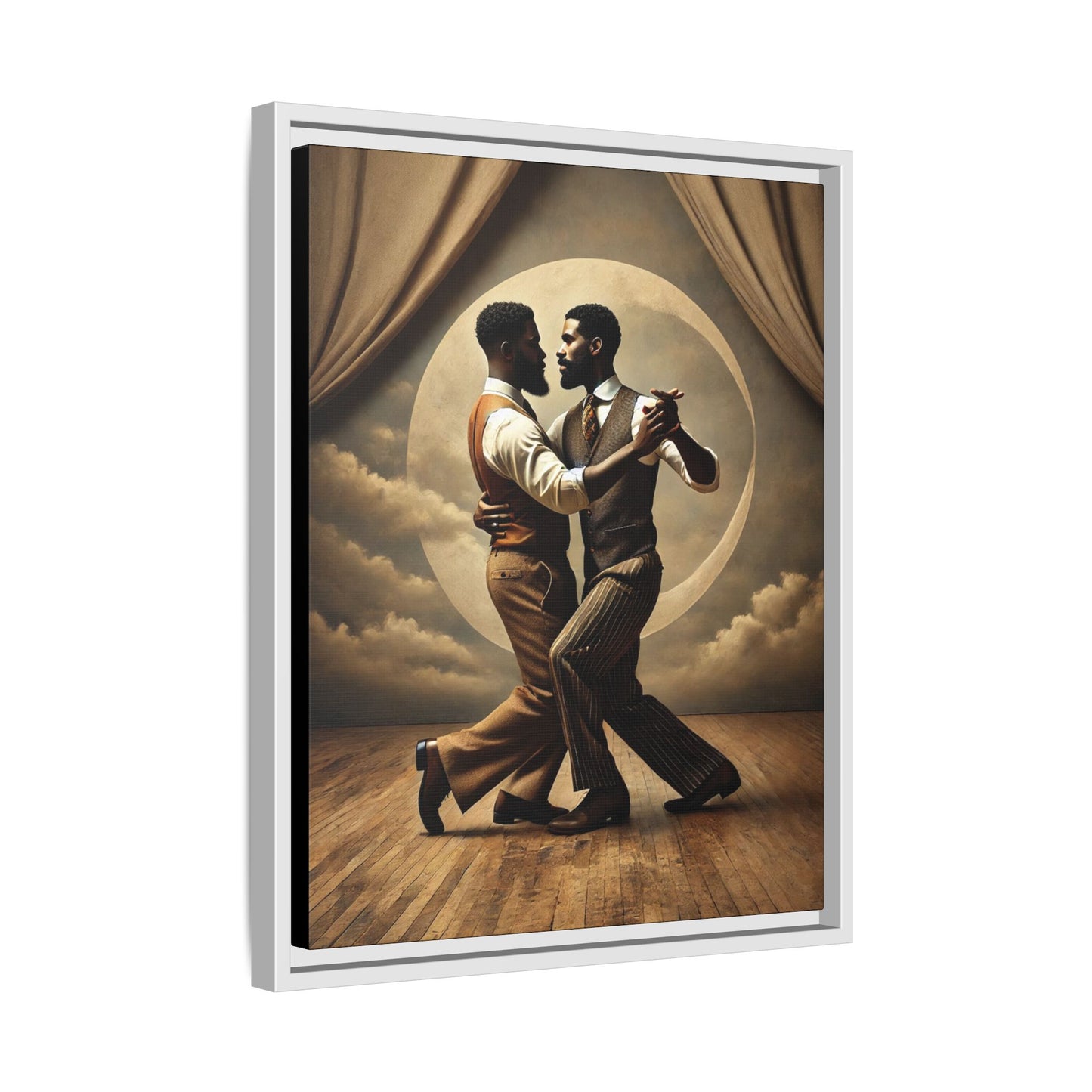 Original artwork of two Black men ballroom dancing in vintage 1920s suits under a glowing moon backdrop. A romantic and powerful tribute to queer love and Black history that reclaims moments lost to systemic bias and cultural erasure.