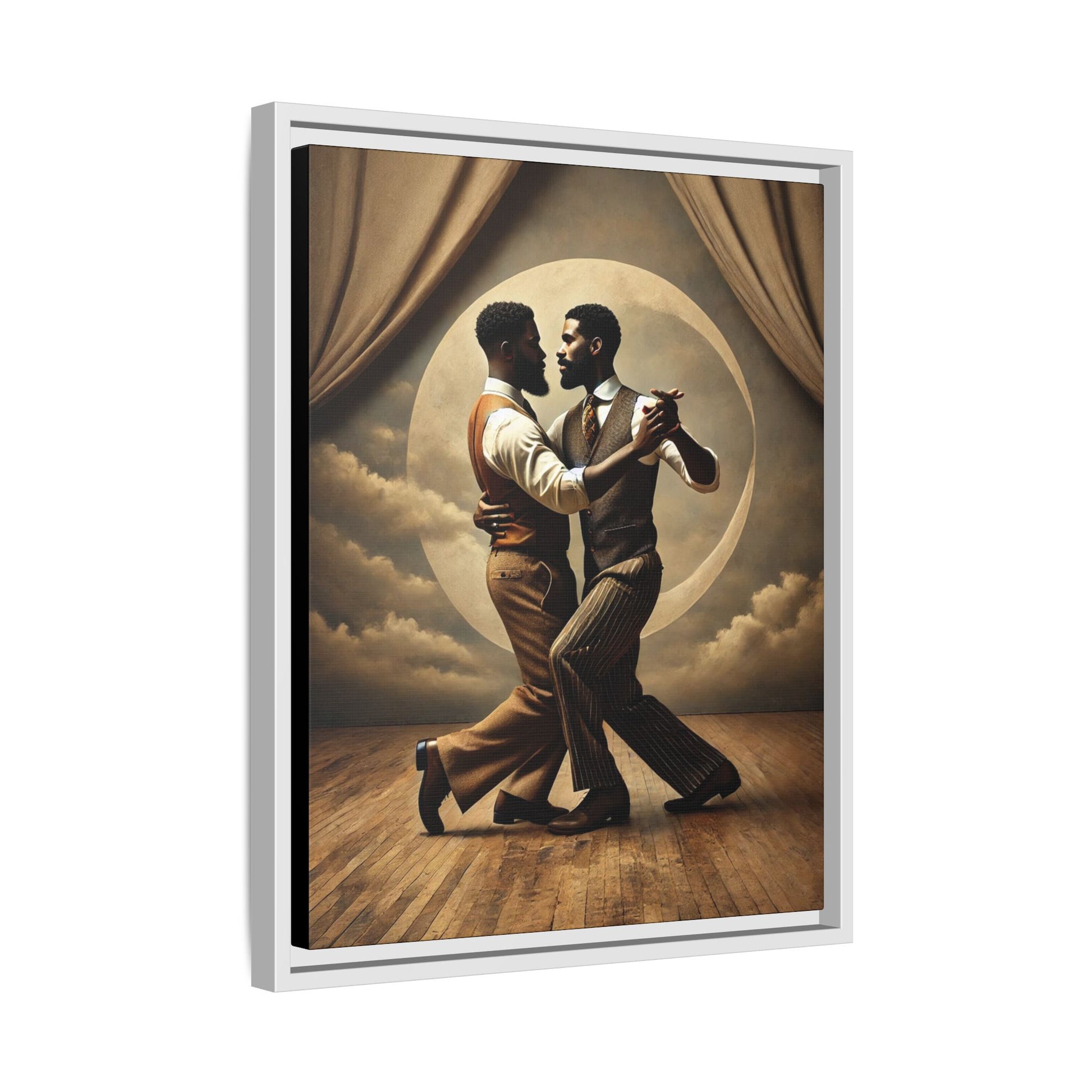 Original artwork of two Black men ballroom dancing in vintage 1920s suits under a glowing moon backdrop. A romantic and powerful tribute to queer love and Black history that reclaims moments lost to systemic bias and cultural erasure.