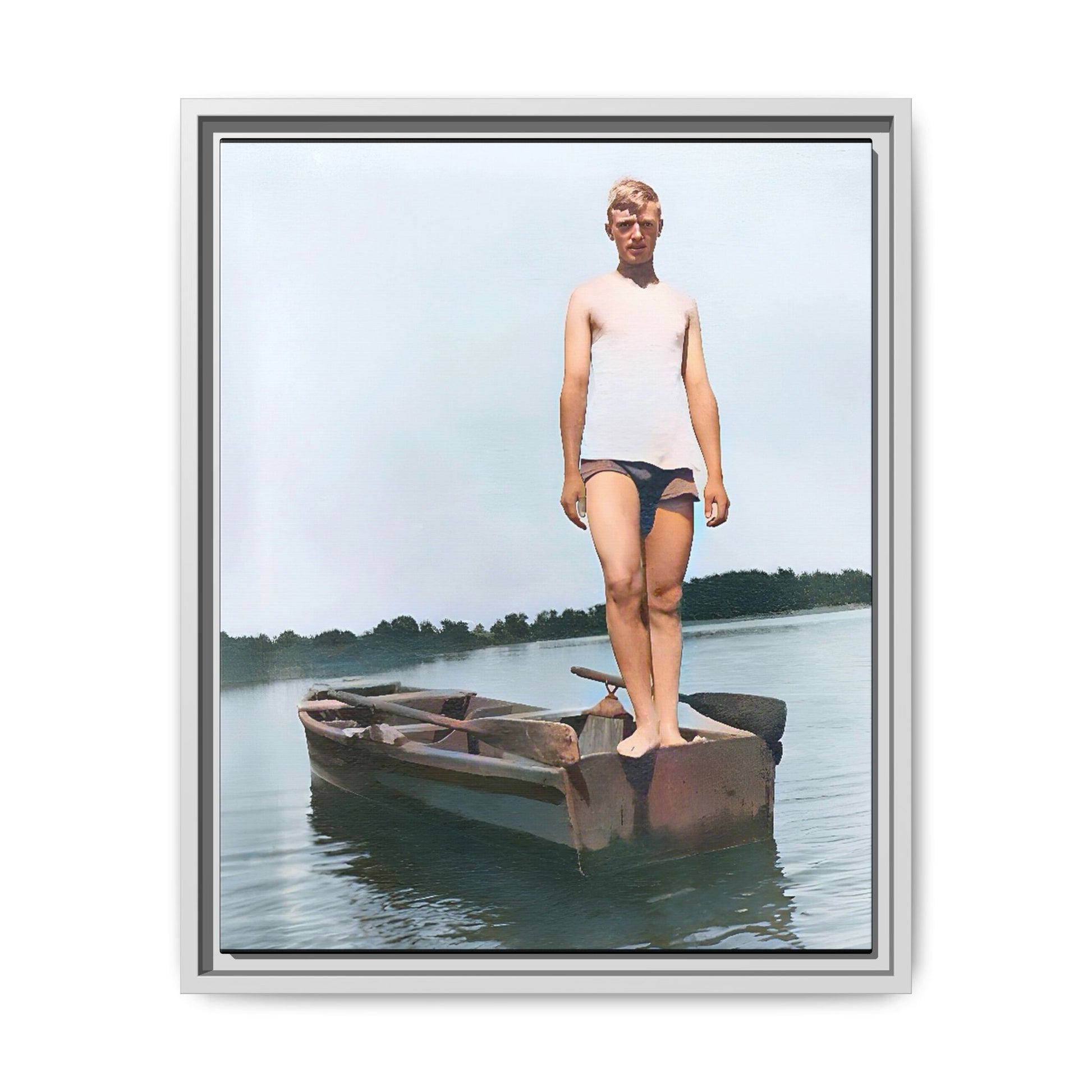 A framed vintage lake portrait on matte canvas featuring George standing on a rowboat at Creve Coeur Lake, Missouri, capturing timeless outdoor nostalgia.