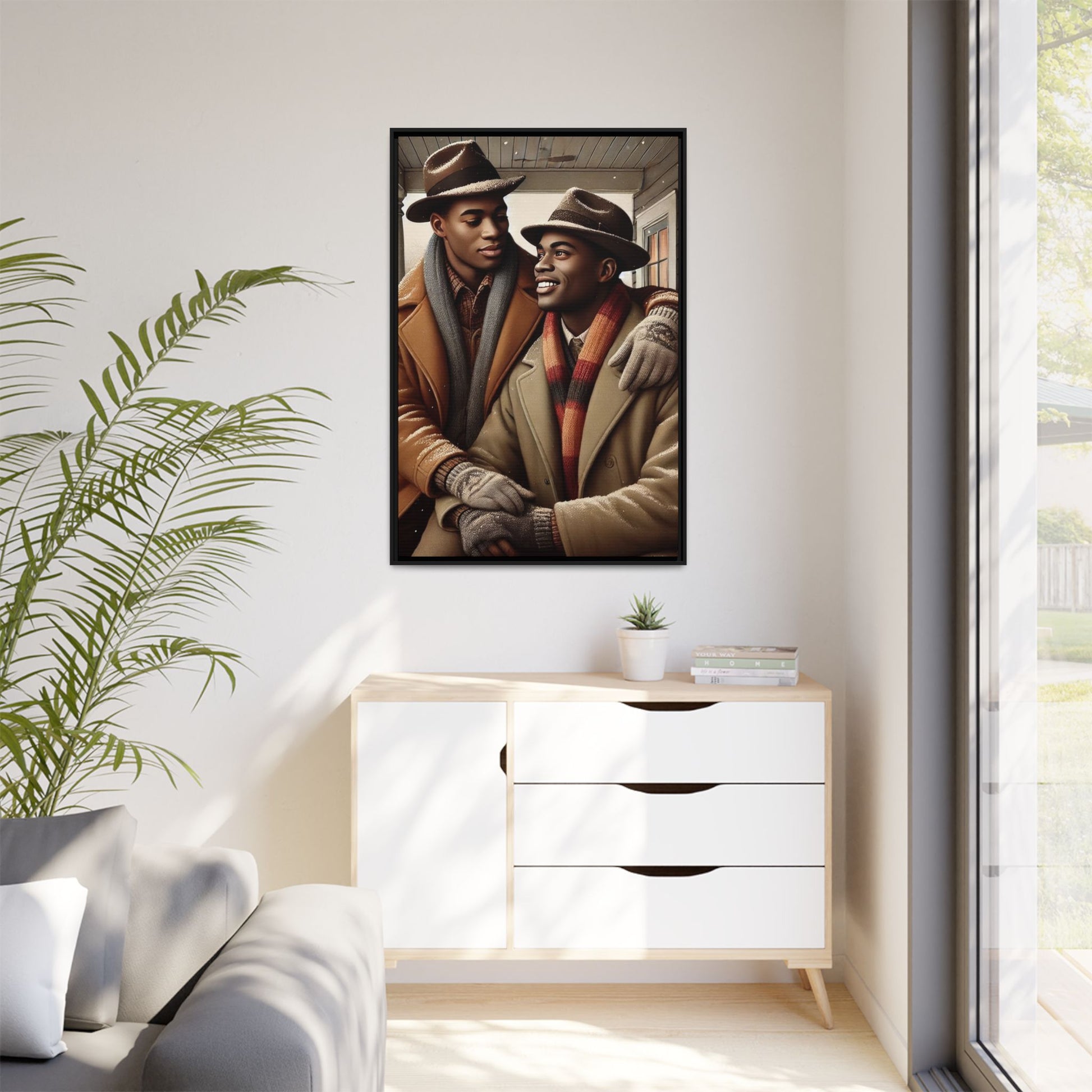 Artwork of an African-American gay couple sharing a cozy winter moment on a porch. Dressed in vintage winter attire with fedoras, scarves, and warm coats, they exchange affectionate gazes amidst softly falling snow, capturing love, warmth, and intimacy in a nostalgic winter setting.