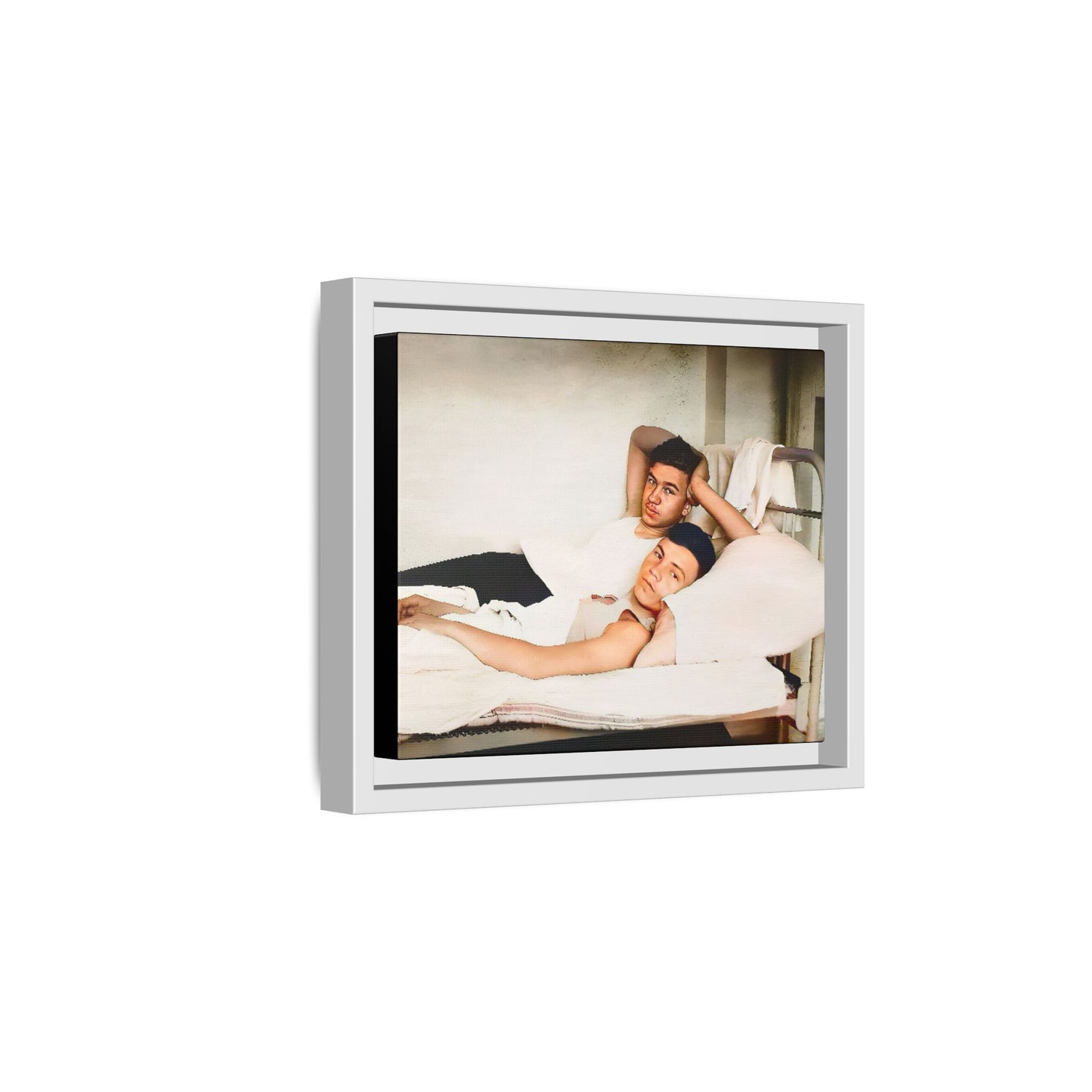 A vintage Gay couple portrait of Vernon & Jesse in Portland, Maine. This framed canvas print captures an intimate and heartfelt moment, making it a timeless addition to any home decor or a meaningful gift celebrating love and history. Men in Bed