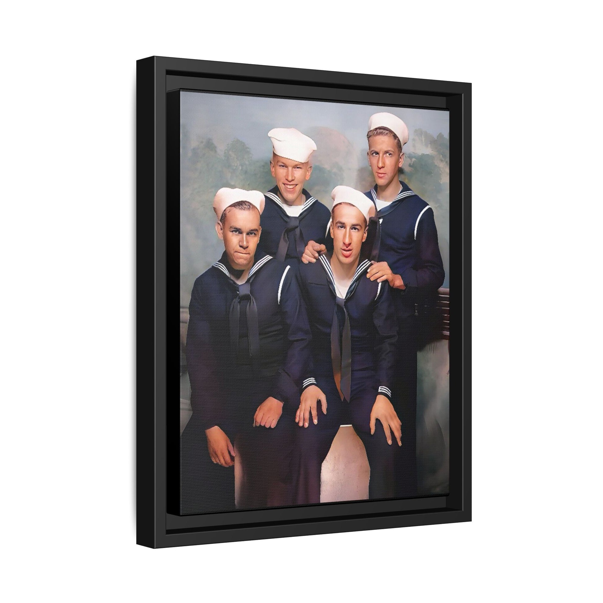 A framed vintage naval portrait on matte canvas featuring four sailors at Naval Station Great Lakes, capturing unity, service, and military pride.