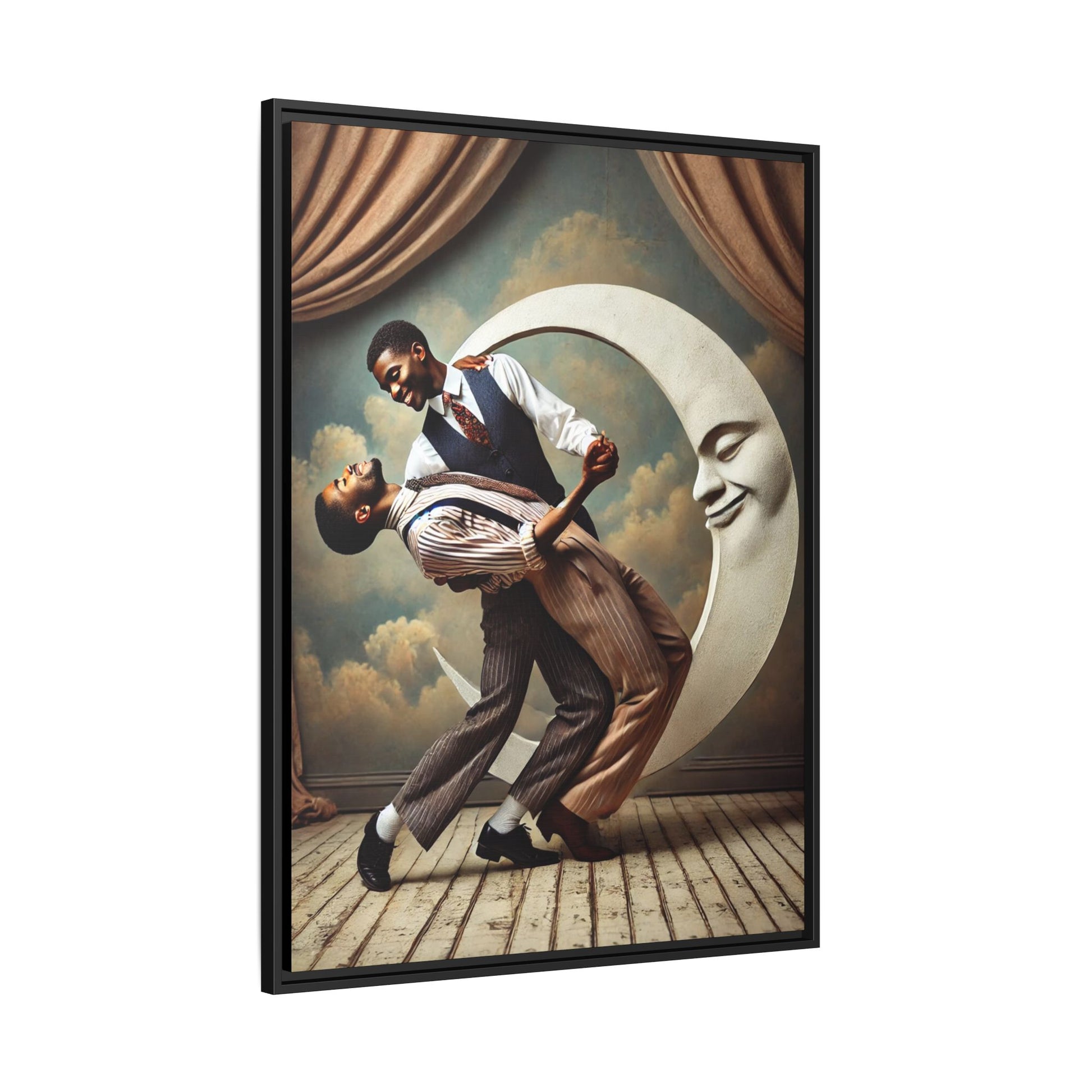 Framed artwork of two Black men in vintage suits dancing tenderly beneath a crescent moon with a smiling face. A romantic 1920s-inspired scene with velvet curtains and a painted sky backdrop. Part of a collection reclaiming lost queer Black history and art.