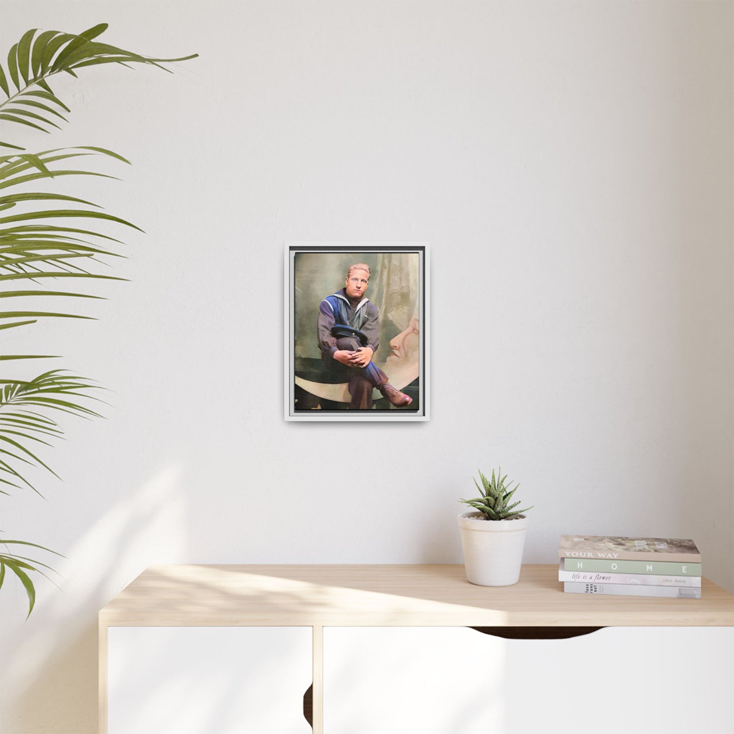 A vintage U.S. Navy sailor portrait featuring Jacob in uniform with a crescent moon backdrop. This framed matte canvas print is a timeless tribute to naval service, ideal for military history collectors, veterans, and nautical decor lovers. Art Deco Paper Moon Prop