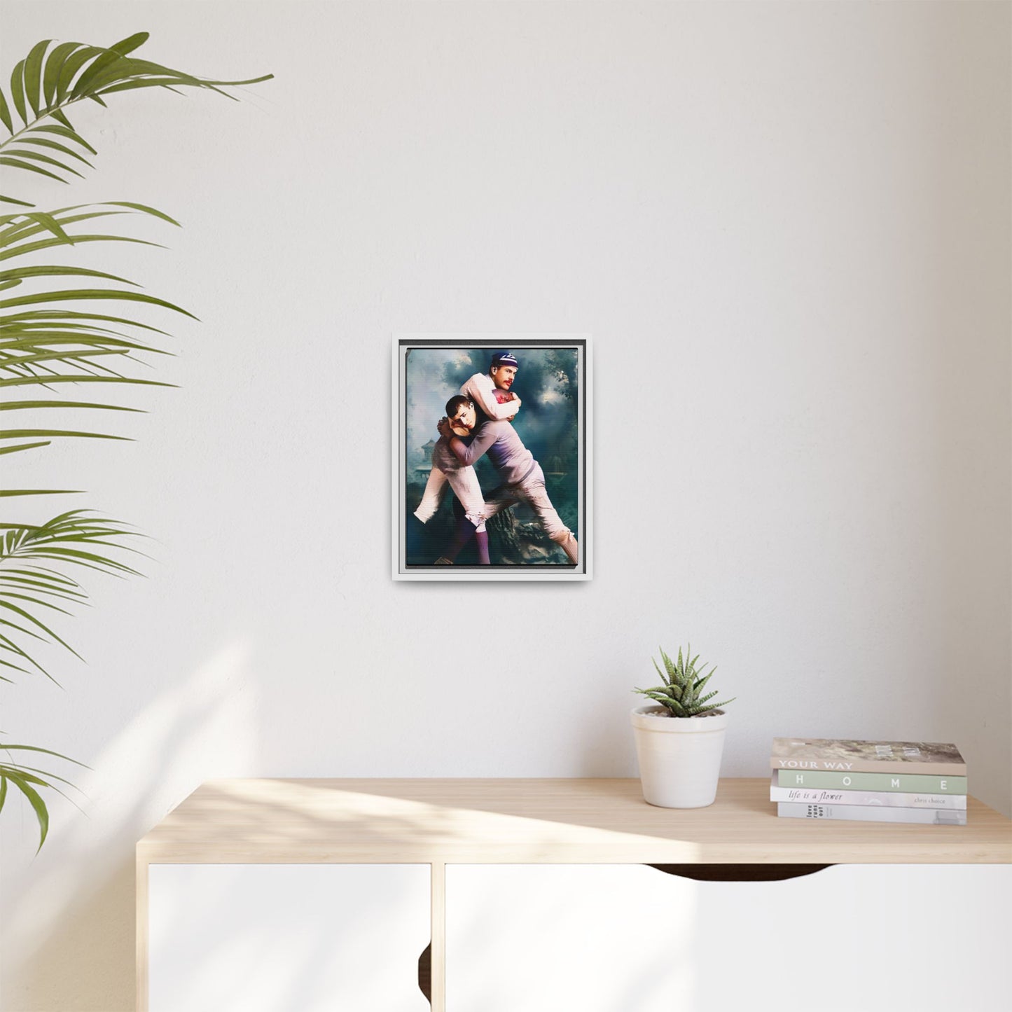 A framed vintage sports portrait on matte canvas featuring Theodore and Patrick in Chapel Hill, North Carolina, capturing timeless strength, camaraderie, and connection.