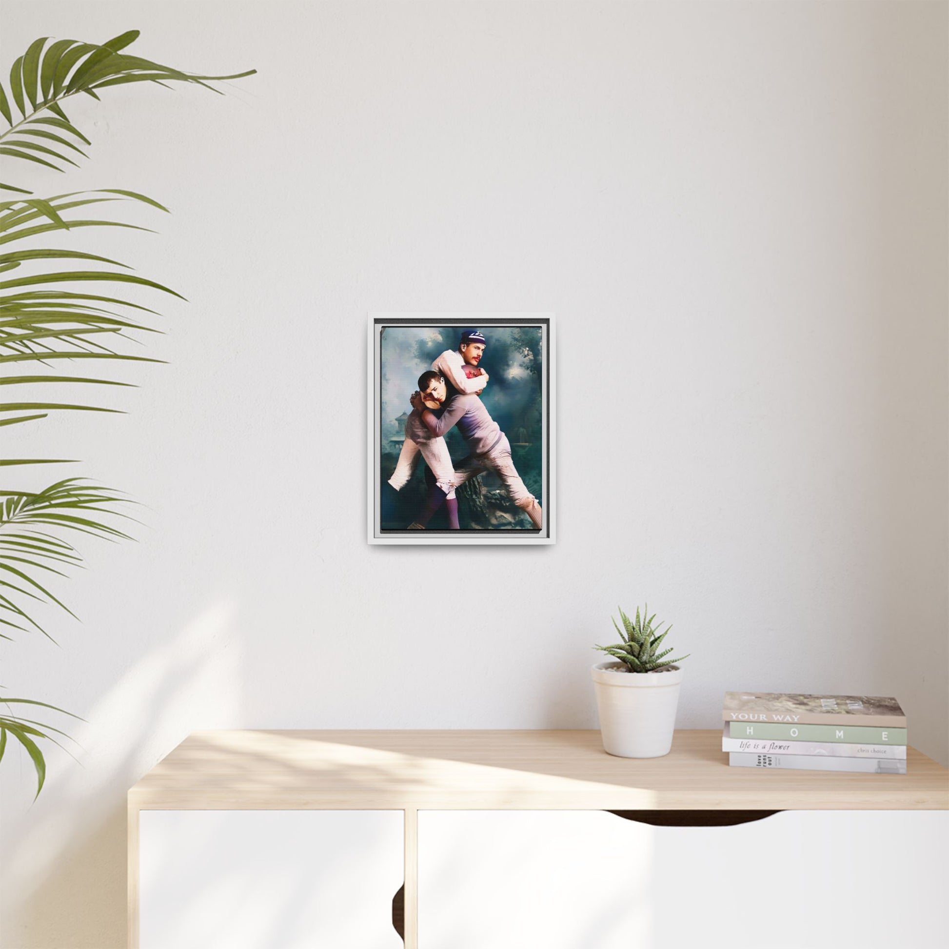 A framed vintage sports portrait on matte canvas featuring Theodore and Patrick in Chapel Hill, North Carolina, capturing timeless strength, camaraderie, and connection.