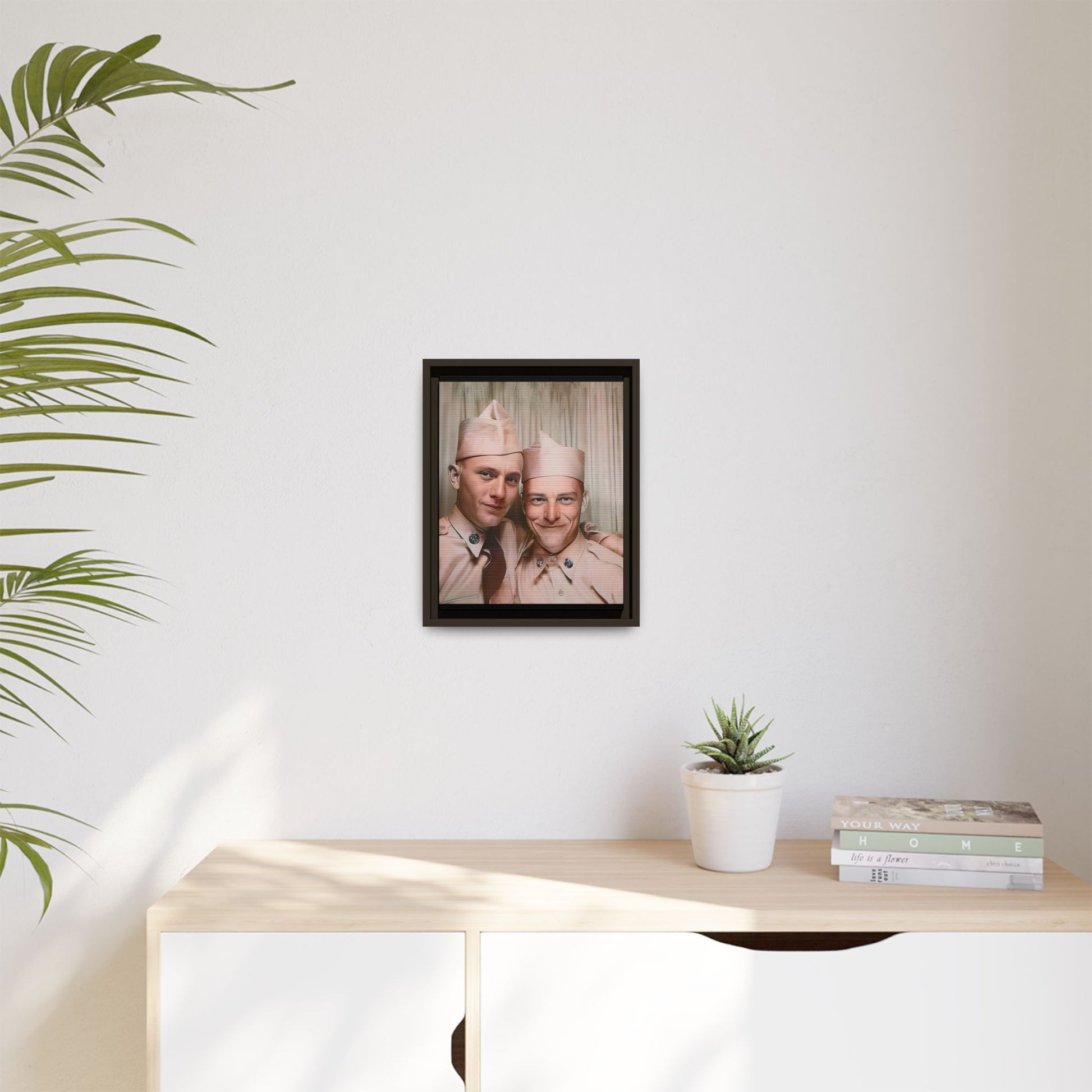 A framed vintage army portrait on matte canvas featuring two soldiers at Puget Sound Naval Shipyard, symbolizing friendship and service. Gay Couple Photo Booth
