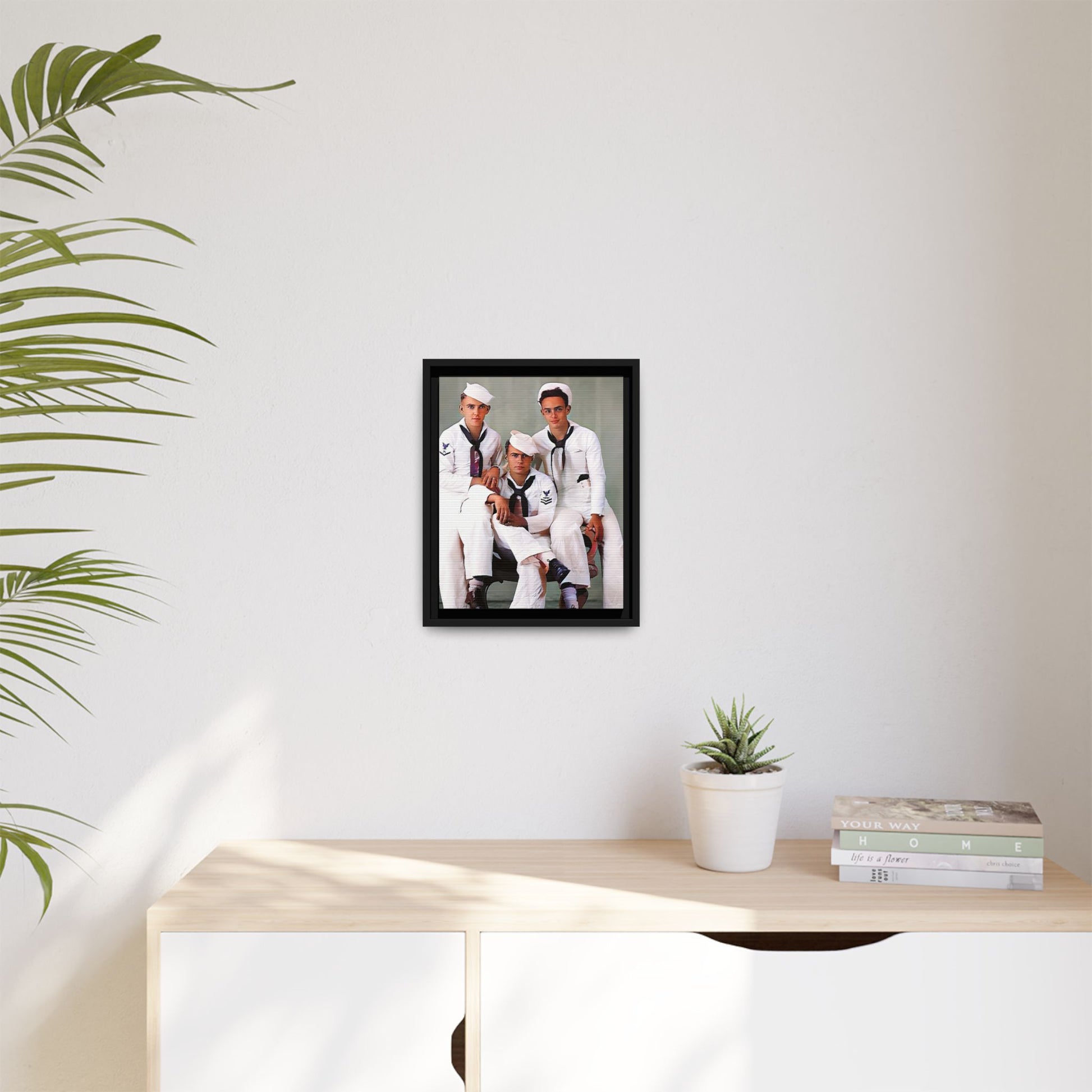 A restored vintage portrait of three sailors aboard the USS Alabama. This framed matte canvas honors naval history, camaraderie, and timeless service.