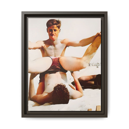 Restored mid-20th century photo of Mitch and Sam at 12th Street Beach, Miami, sharing a playful moment of love and joy, framed as wall décor.