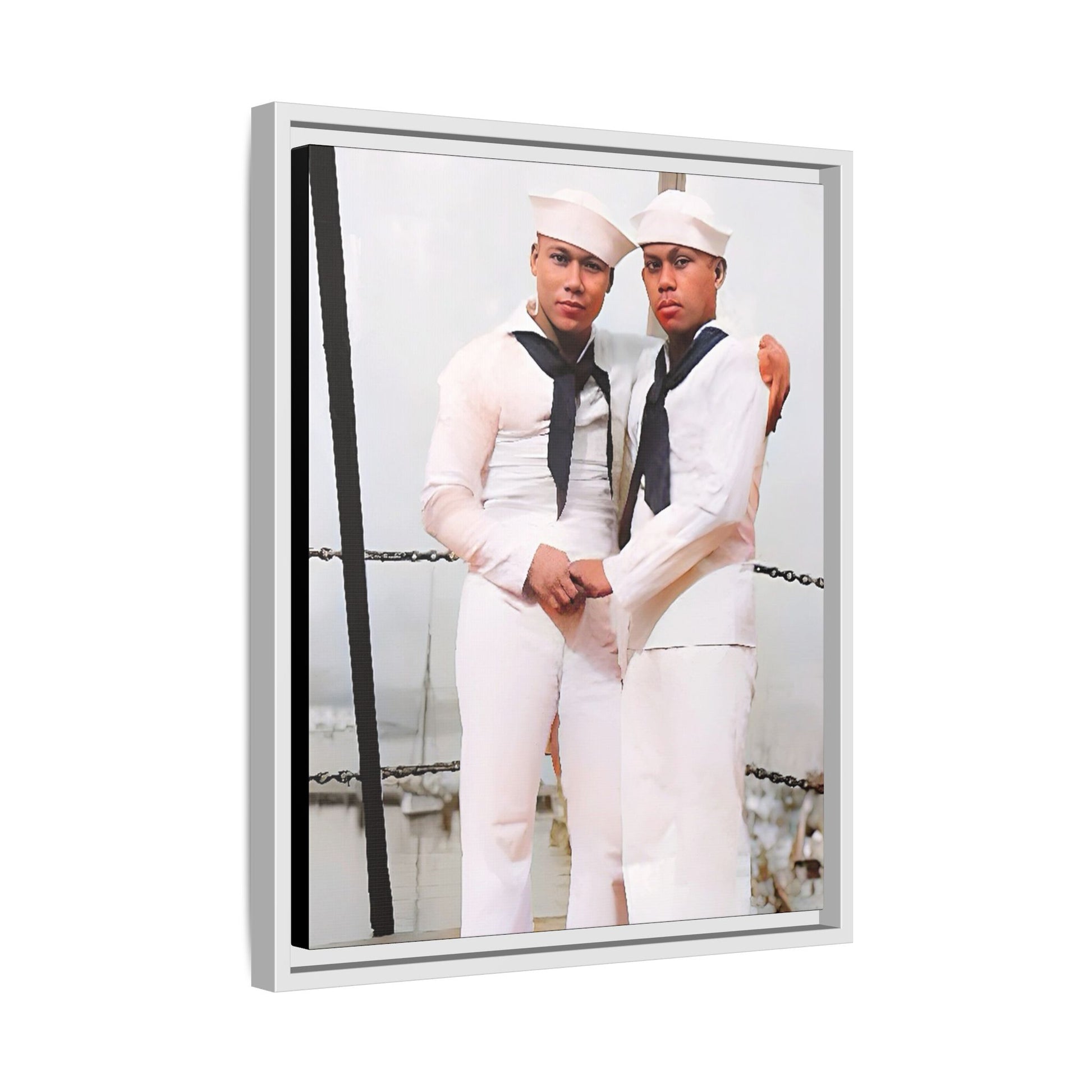 A restored vintage photograph of two Navy sailors standing together aboard a naval ship at Apra Harbor, Guam. Dressed in crisp white uniforms, their hands gently clasped, the image captures a quiet moment of strength, devotion, and LGBTQ+ military history.