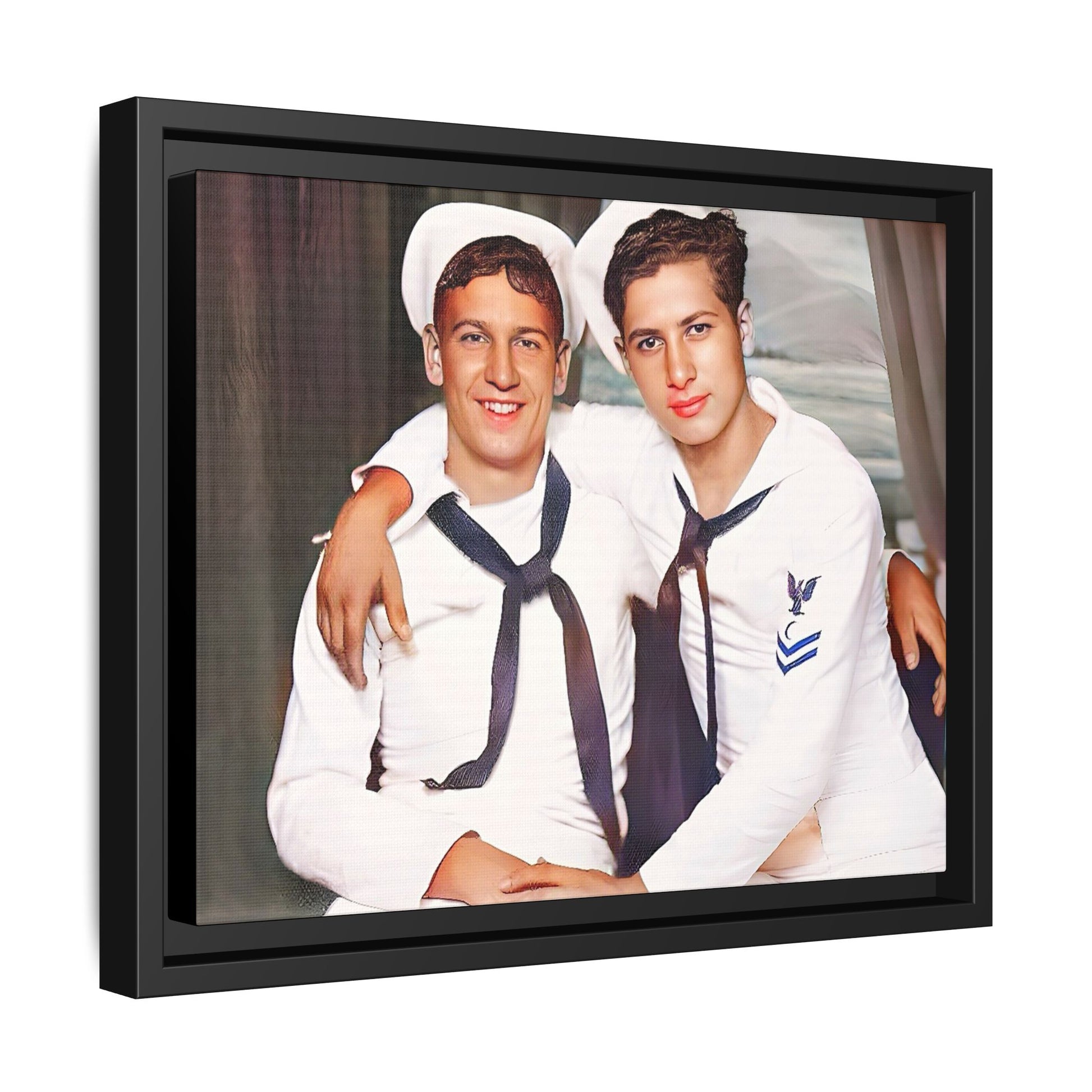 A restored vintage Navy portrait of Kenny and William at Fort Lee, Virginia. This framed matte canvas print honors military camaraderie, resilience, and LGBTQ+ history with a timeless tribute to friendship and love. Gay Couple Sailors Navy