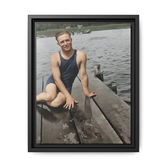 Restored vintage photograph of a seated bather on a wooden dock by the water
